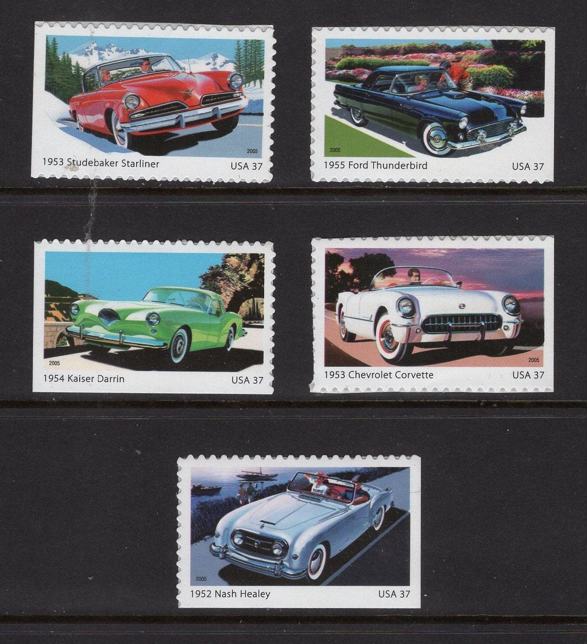 10 MODERN SPORTS CARS inc Corvette Thunderbird Studebaker- Bright Unused Usa Postage Stamps - Vintage 2005 -Stock# 3931+