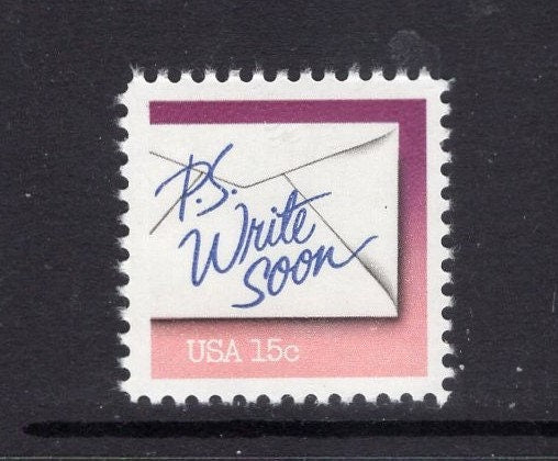 10 P.S. WRITE SOON (red green purple) Letter Bright, fresh mint US Postage Stamps - Vintage 1980 - Stock# 1806/10 ping