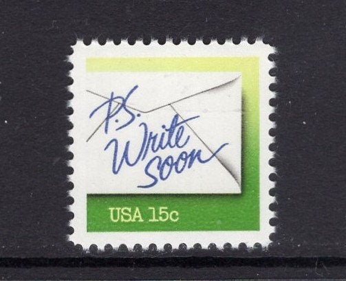 10 P.S. WRITE SOON (red green purple) Letter Bright, fresh mint US Postage Stamps - Vintage 1980 - Stock# 1806/10 ping