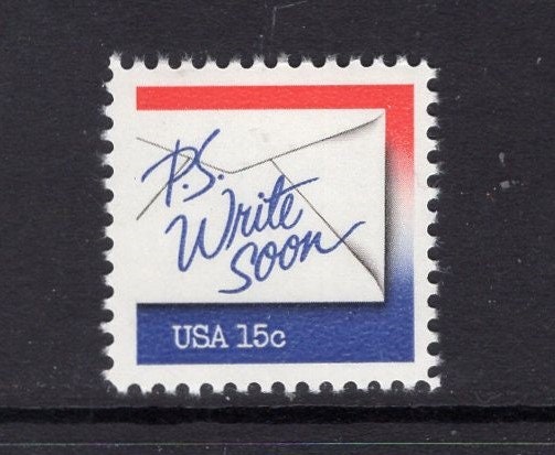 10 P.S. WRITE SOON (red green purple) Letter Bright, fresh mint US Postage Stamps - Vintage 1980 - Stock# 1806/10 ping