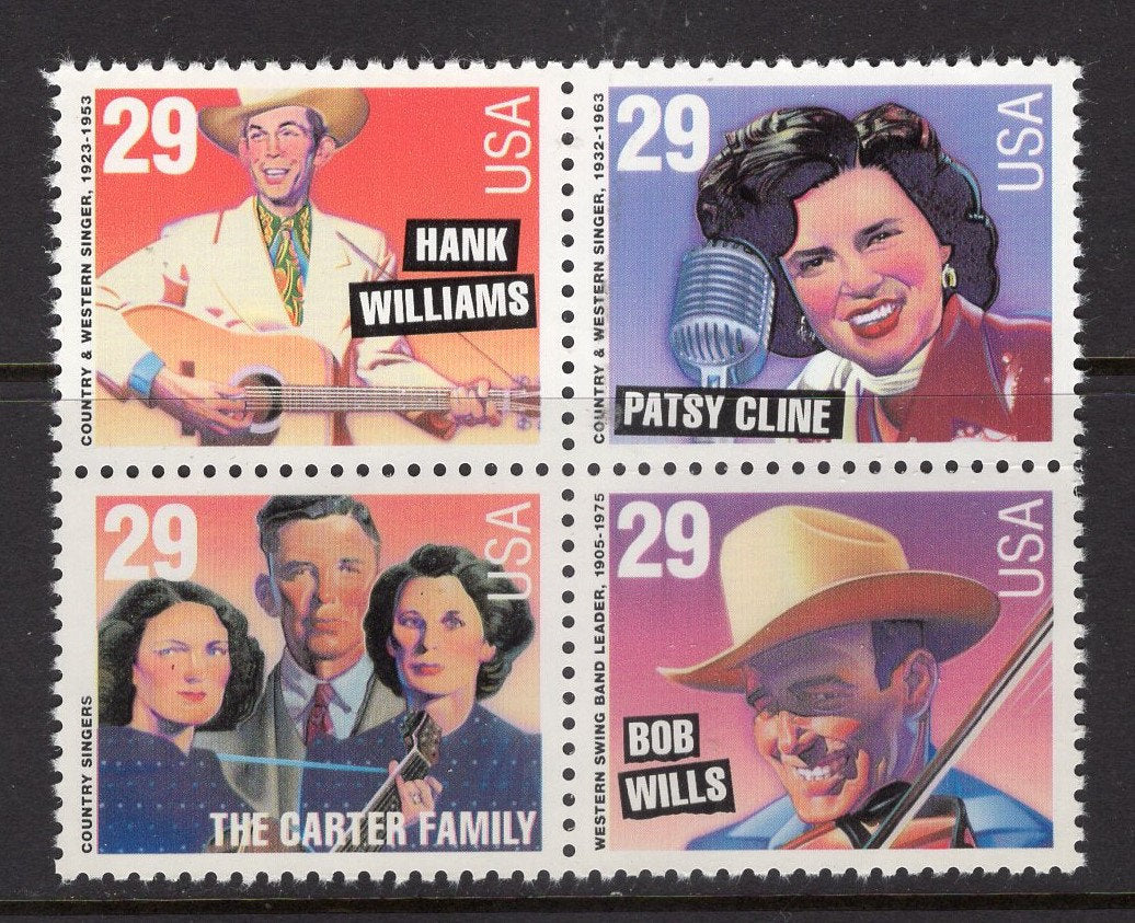 1 CLINE WILLIAMS CARTER Wills Country Music Legends Block of 4 Mint Unused Usa Postage Stamps - Vintage 1993 - Stock# 2771
