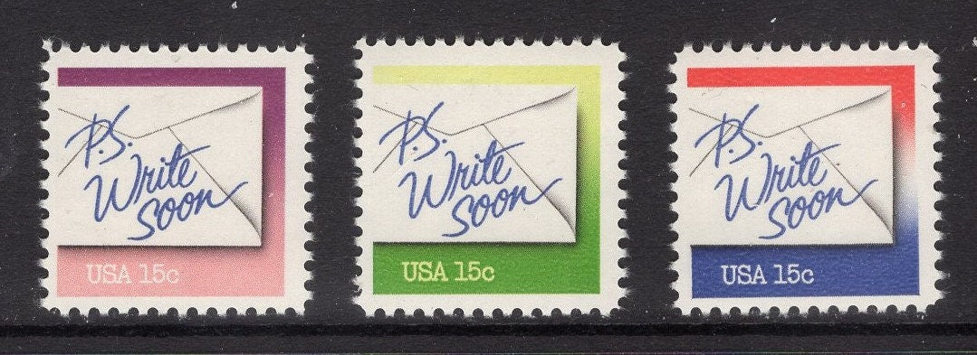 10 P.S. WRITE SOON (red green purple) Letter Bright, fresh mint US Postage Stamps - Vintage 1980 - Stock# 1806/10 ping