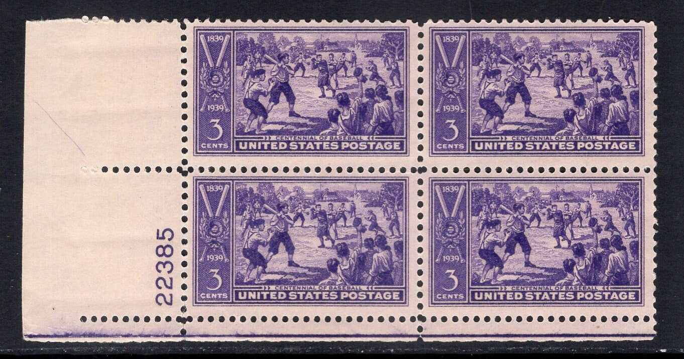 1 BASEBALL PLATE BLOCK of 4 - Bright Usa Postage Stamps - Vintage 1939 - Stock# 855 pb ping