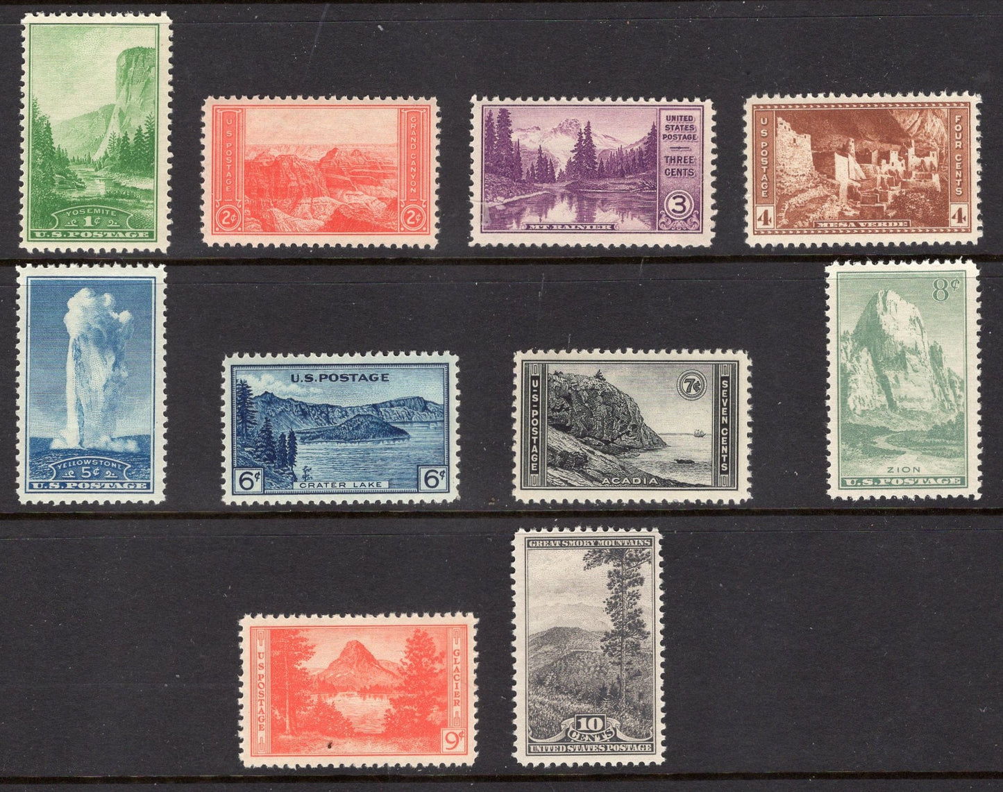 10 NATIONAL PARKS Stamps Yosemite Grand Canyon Rainier Yellowstone Glacier Bright, Fresh - Vintage 1934 Stock# 740
