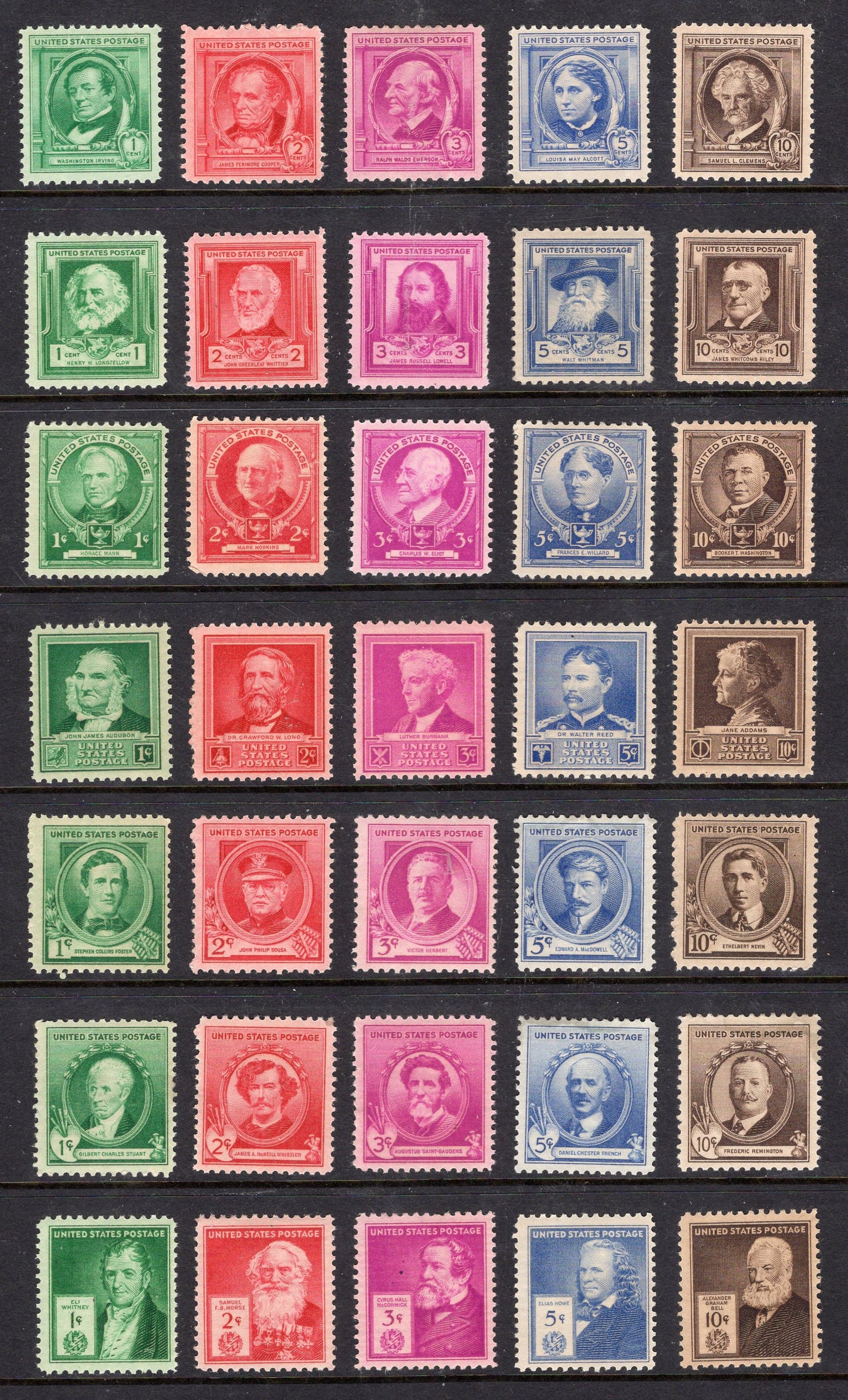 35 FAMOUS AMERICANS Vintage 1940 Complete Collection Authors Poets Scientists Composers Inventors, USA Fresh Bright Stamps