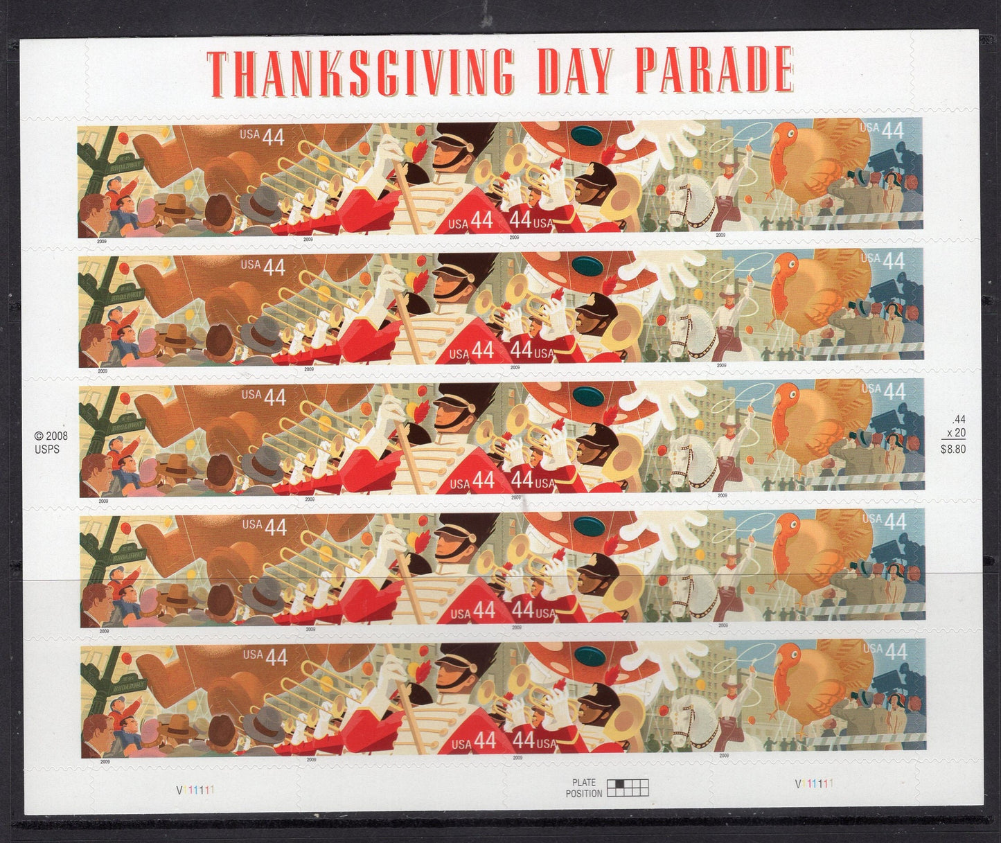 THANKSGIVING PARADE Decorative 44c Sheet of 20 Fresh Bright Usa Stamps - Vintage 2009 - Stock# 4417M
