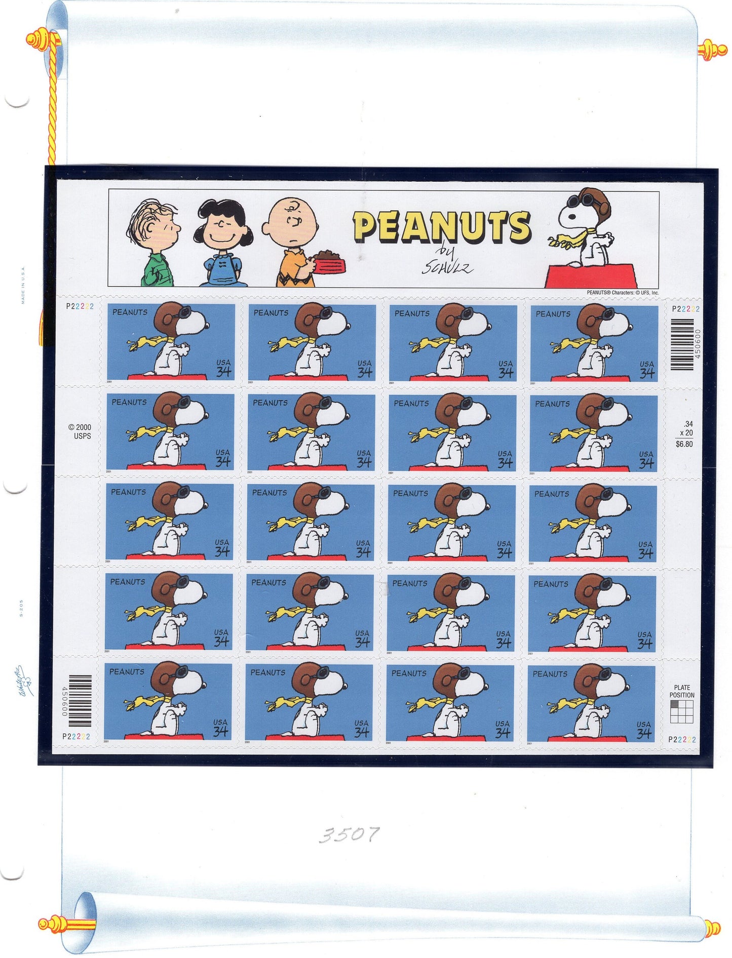 SNOOPY PEANUTS Sheet of 20 with Decorative Header Unused Fresh Bright Usa Postage Stamps - Vintage 2001 - Stock# 3507M