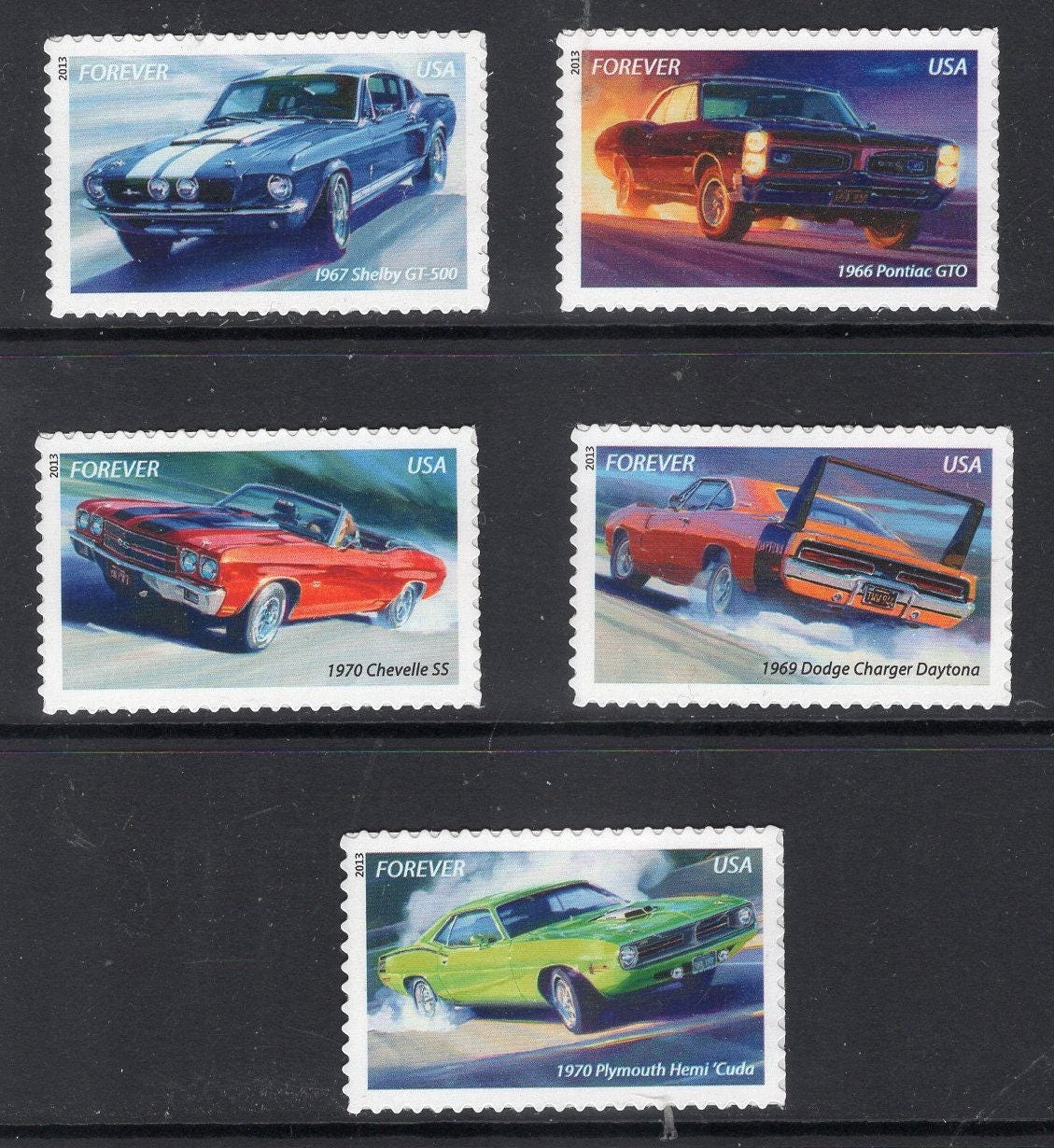 5 MUSCLE CARS Shelby Charger GTO Chevelle Ply Barricuda Unused Fresh Usa Postage Stamps - Vintage 2013 -Stock# 4743 ping