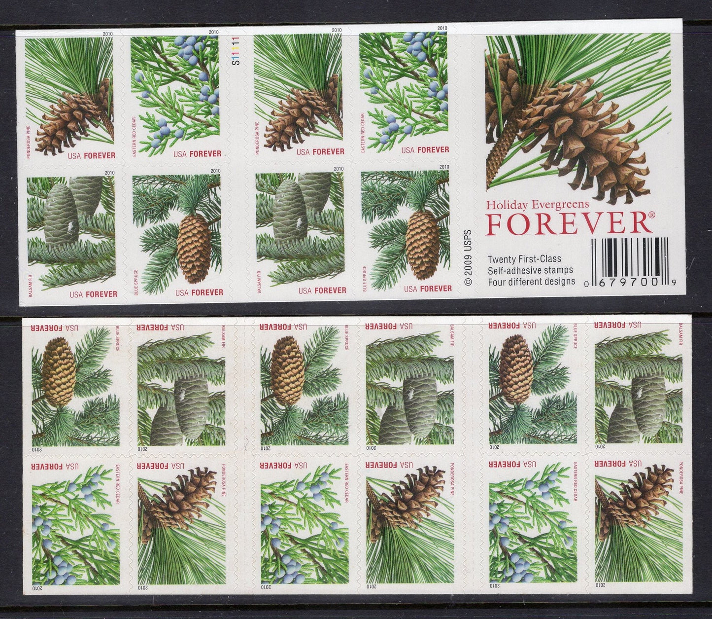 20 EVERGREEN CHRISTMAS HOLIDAY Forever Stamps in Double-sided Booklet Usa Postage Stamps - Vintage 2010 -Stock# 4478 B