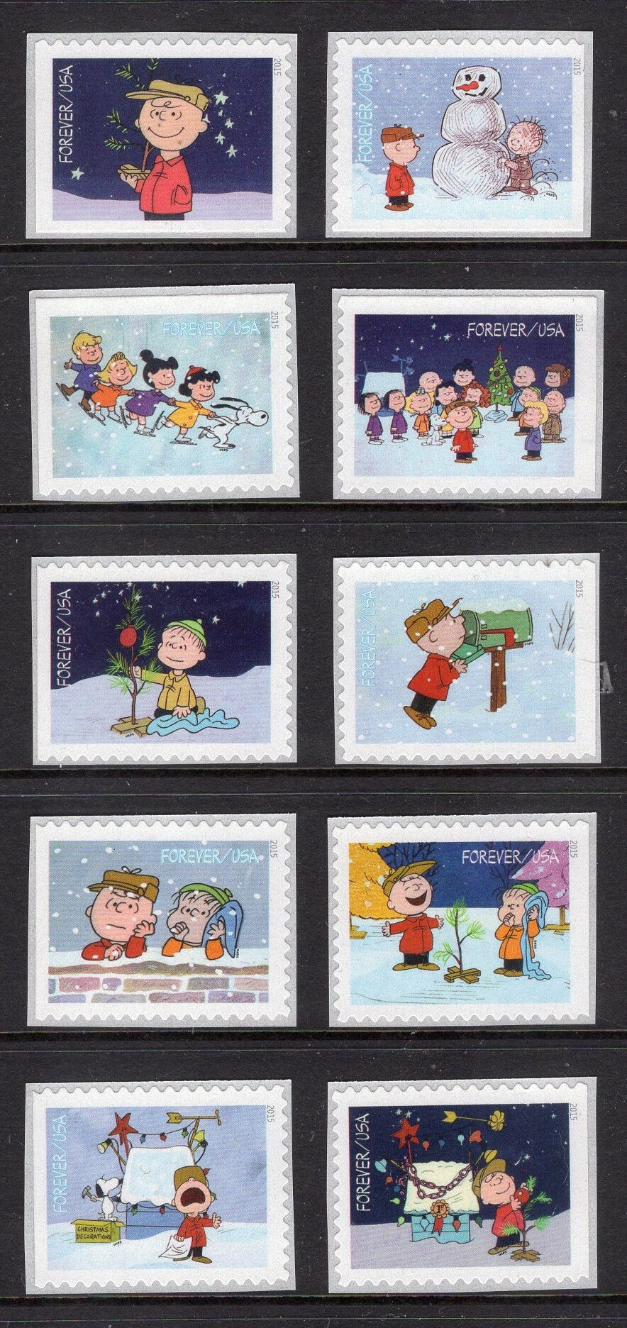 10 CHARLIE BROWN CHRISTMAS Different Peanuts SINGLEs Postage Stamps Unused P O Fresh - Vintage 2015 Stock# 5021-30