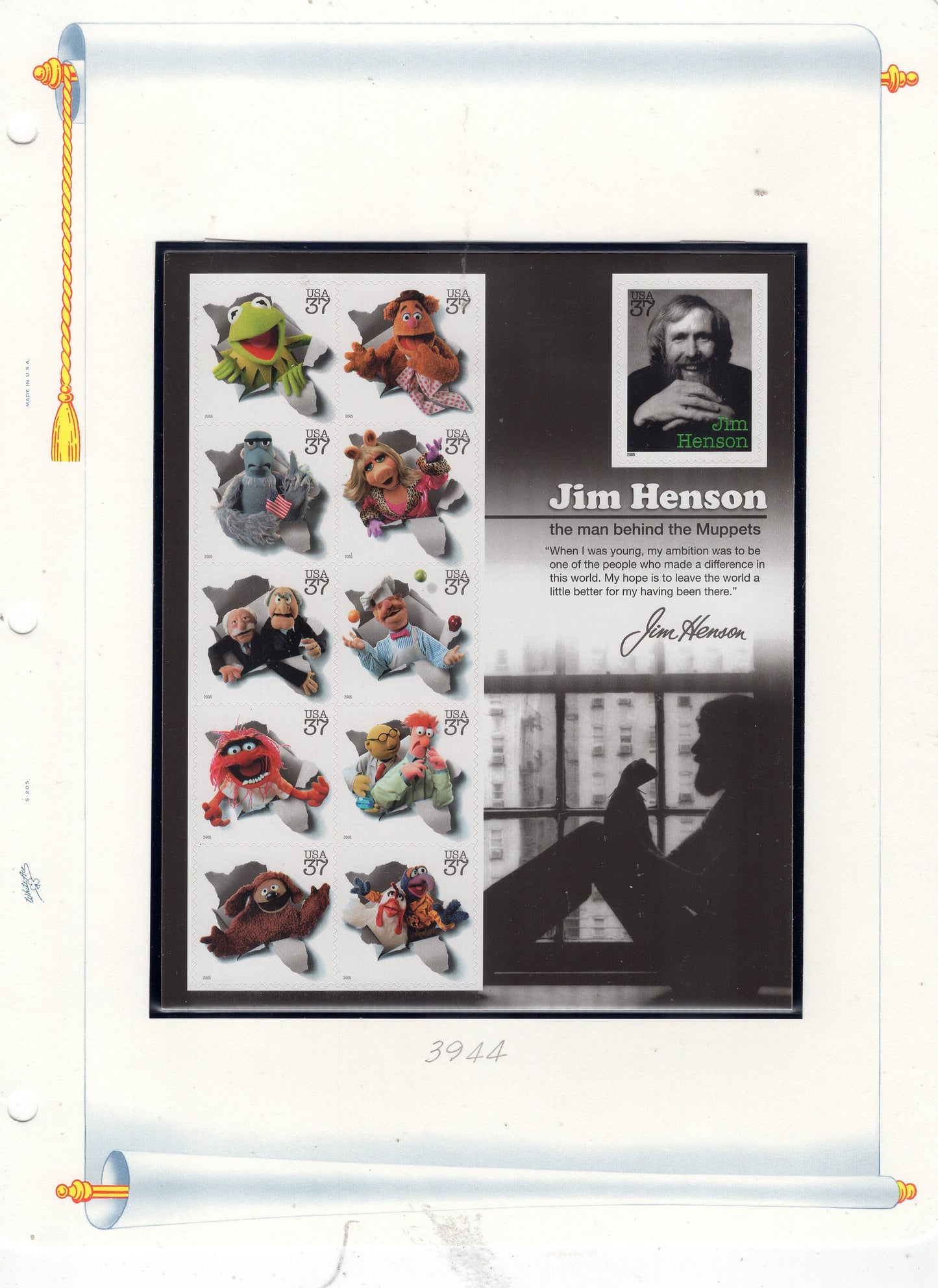 MUPPETS JIM HENSON Sheet of 11 Kermit Miss Piggy Quantity Available 37c Postage Stamps - Bright Fresh Vintage 2005 Stock# 3944