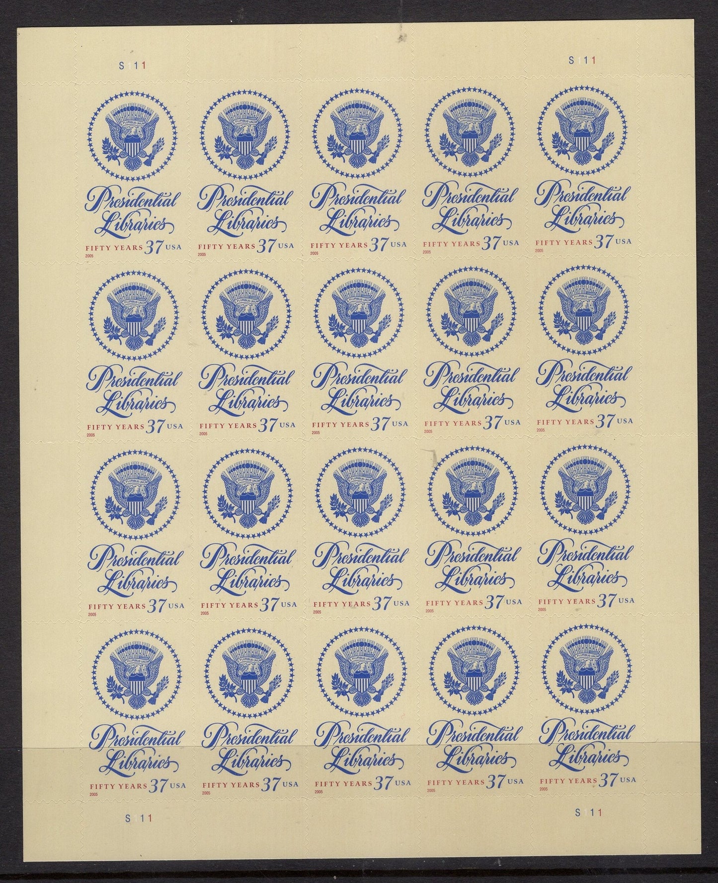 PRESIDENTIAL LIBRARIES President Sheet of 20 - Quantity Available- 37c Postage Stamps - Bright Fresh Vintage 2005 Stock# 3930