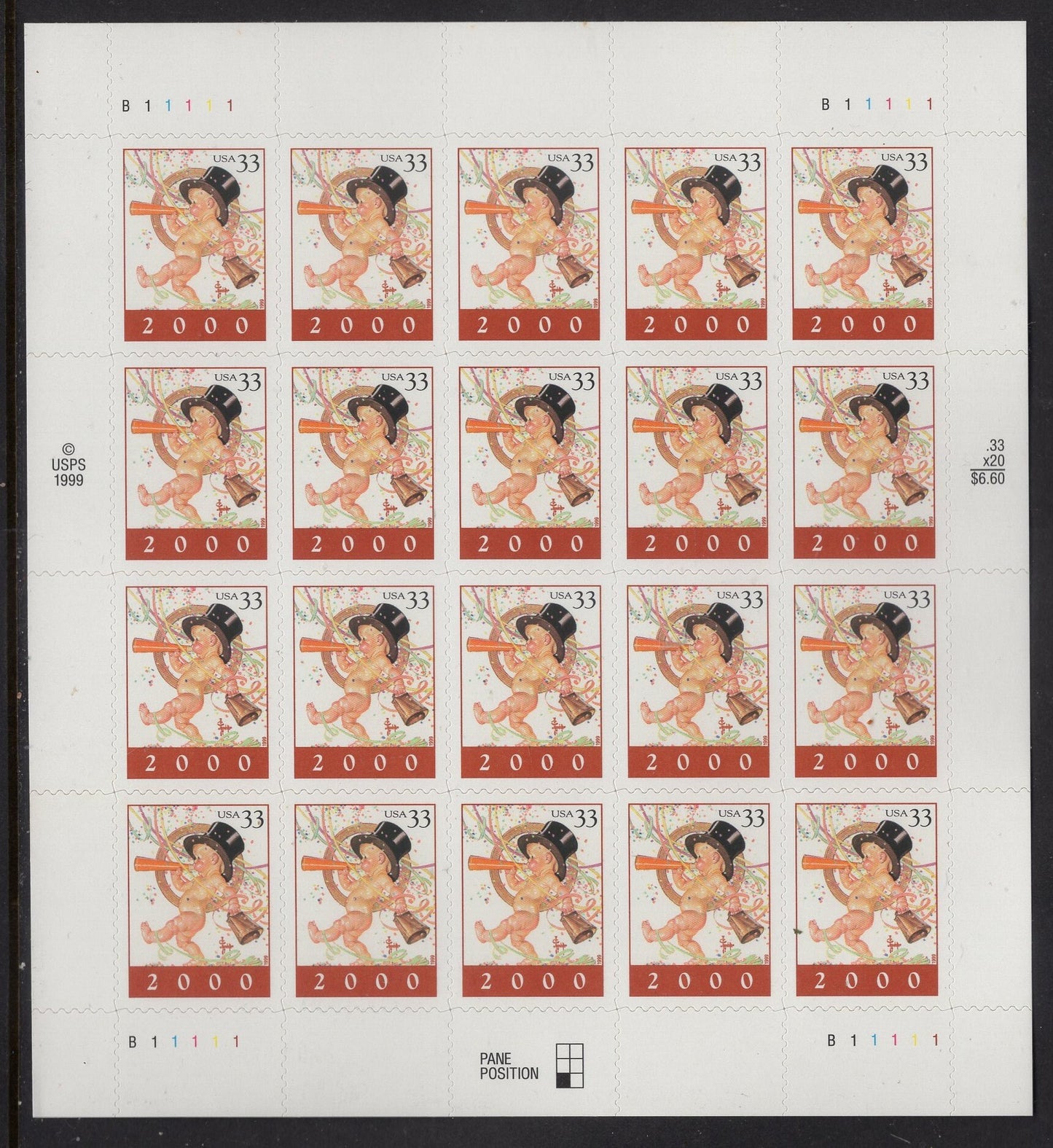1 Happy NEW YEAR 2000 BABY High Hat Bell 33c Sheet of 20 Bright Usa Stamps - Quantity Available - Vintage1999 - Scott 3369