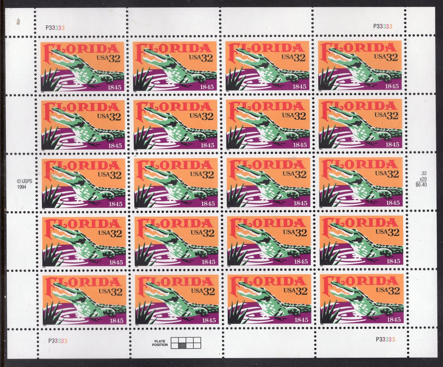 FLORIDA GATOR ALLIGATOR Statehood Sheet of 20 Usa Stamps - Unused, Fresh, Bright Post Office - Vintage 1995 - Stock# 2950 M