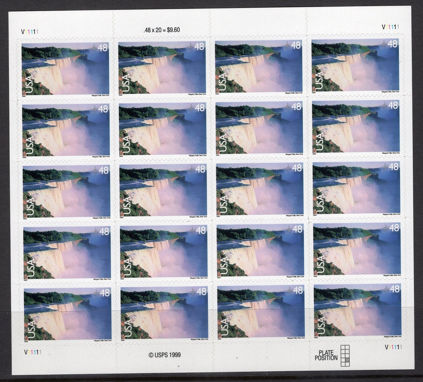NIAGARA FALLS NY Sheet of 20 Scenic Usa Landscapes Stamps - Unused, Fresh, Bright Post Office - Vintage 1999 - Stock# C133 M