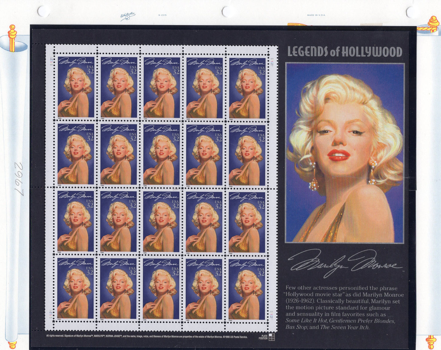 MARILYN MONROE DECORATIVE Sheet of 20 Usa Stamps - Unused, Bright and Post Office Fresh - Vintage 1995 - Stock# 2967