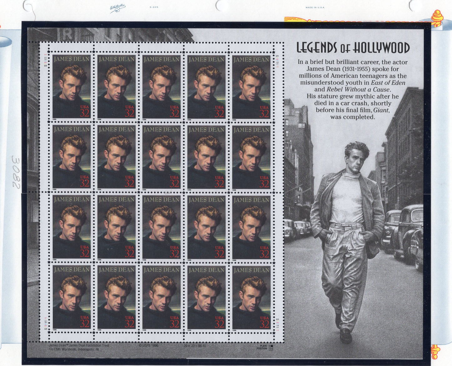 JAMES DEAN Actor DECORATIVE Sheet of 20 Usa Stamps - Unused, Fresh, Bright Post Office Fresh - Vintage 1996 - Stock# 3082 M