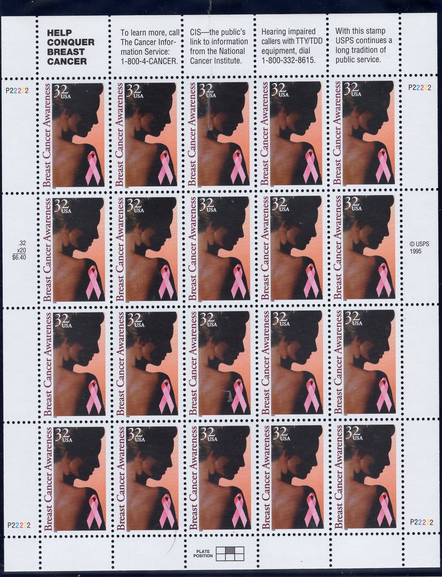 BREAST CANCER AWARENESS with Tabs Sheet of 20 Usa Stamps - Unused, Fresh, Bright Post Office - Vintage 1996 - Stock# 3081 M