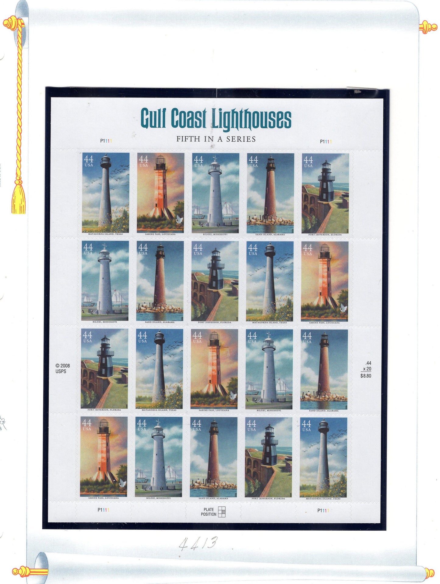 GULF Coast LIGHTHOUSES FOREVER Sheet of 20 Stamps - Mint, Bright and Post Office Fresh - Vintage 2009 - Stock# 4409 M