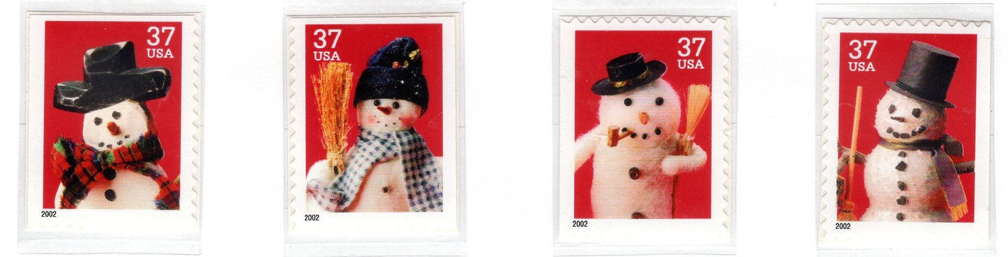 20 CHRISTMAS SNOWMEN Scarf Pipe Hat Booklet Bright USA Postage Stamps - Quantity Available - Vintage 2002 - Stock# 3684 Bk