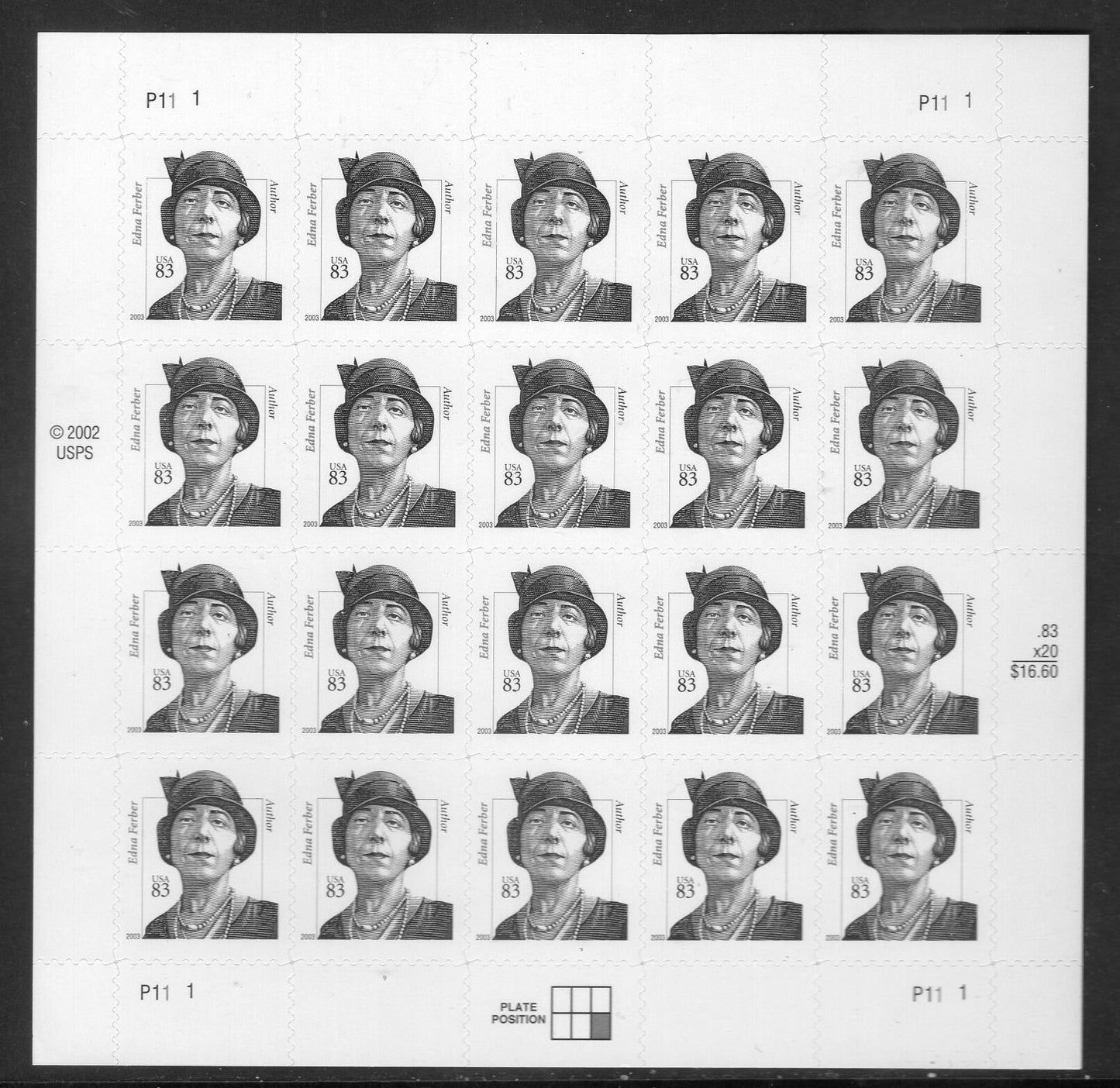 EDNA FERBER Writer Novelist Giant Short Story - Unused, Fresh, Bright Post Office - Vintage 2002 - Stock# 3433 M