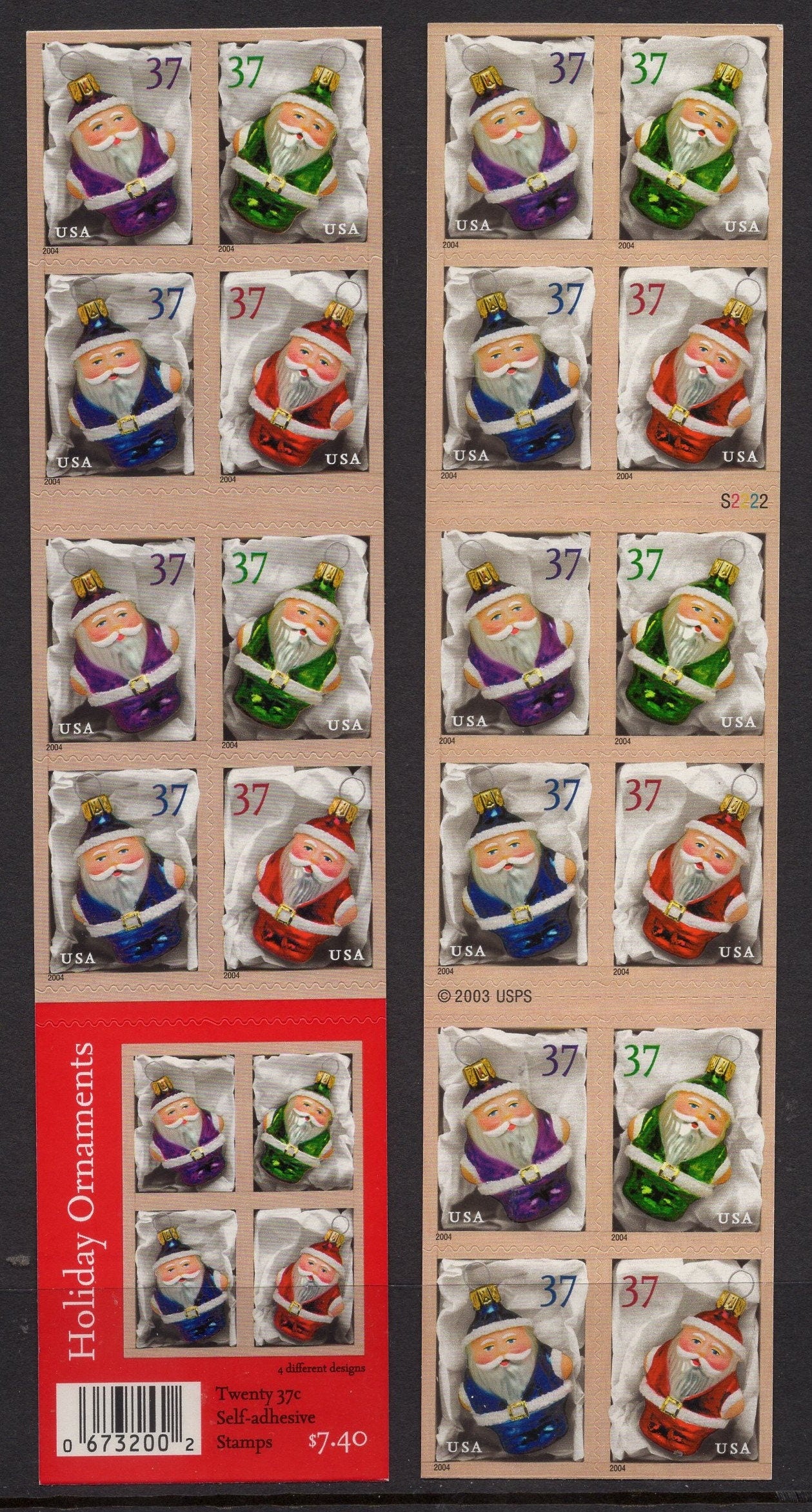 CHRISTMAS SANTA ORNAMENTS Booklet of 20 Stamps Self-adhesive - Purple Red Green Blue - 2004 Stock# 3887 S