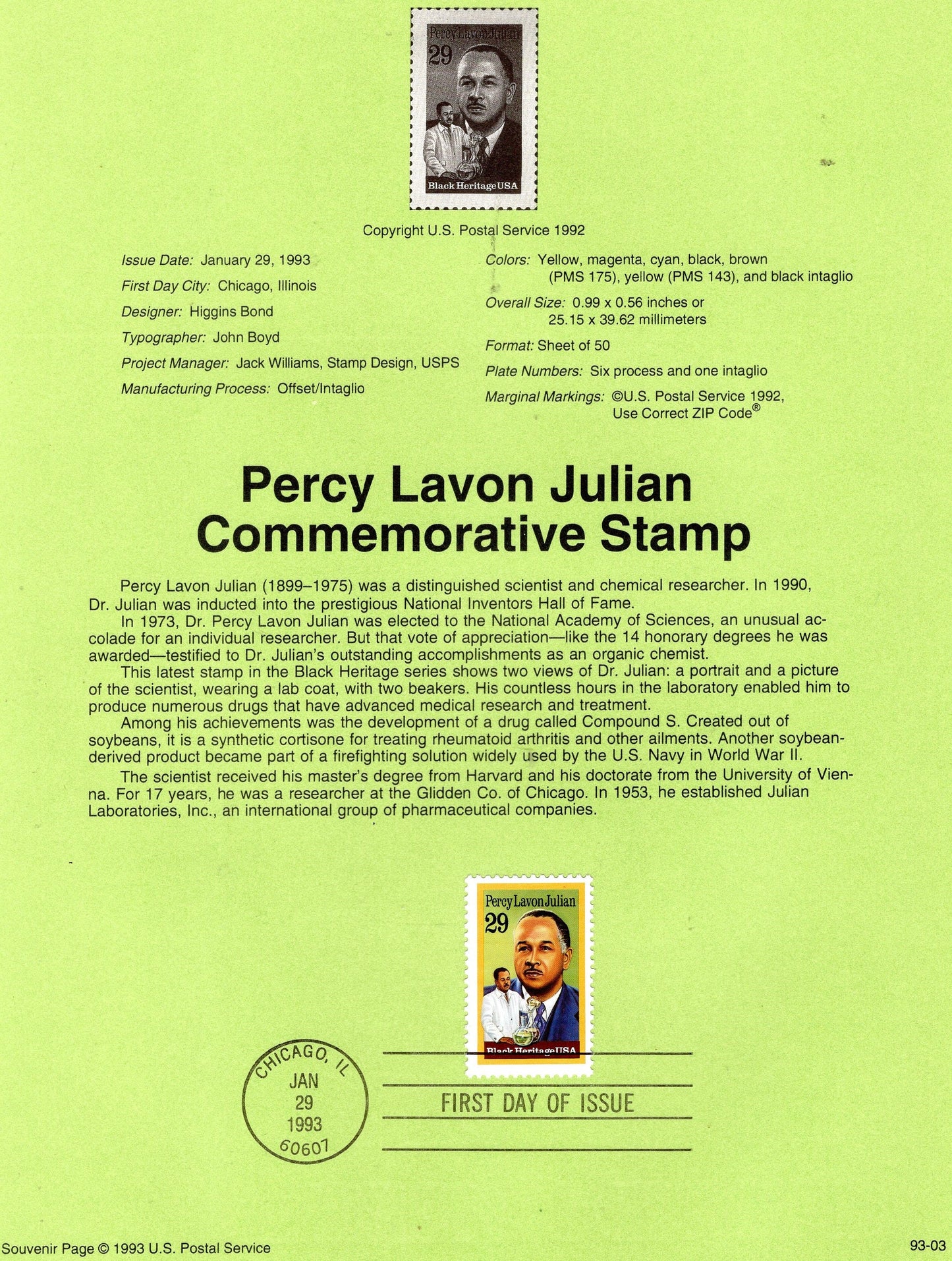 PERCY JULIAN Chemist Black Heritage Official USPS Souvenir Page Stamp with First Day Cancel Text - Vintage 1993-Stock# 2746