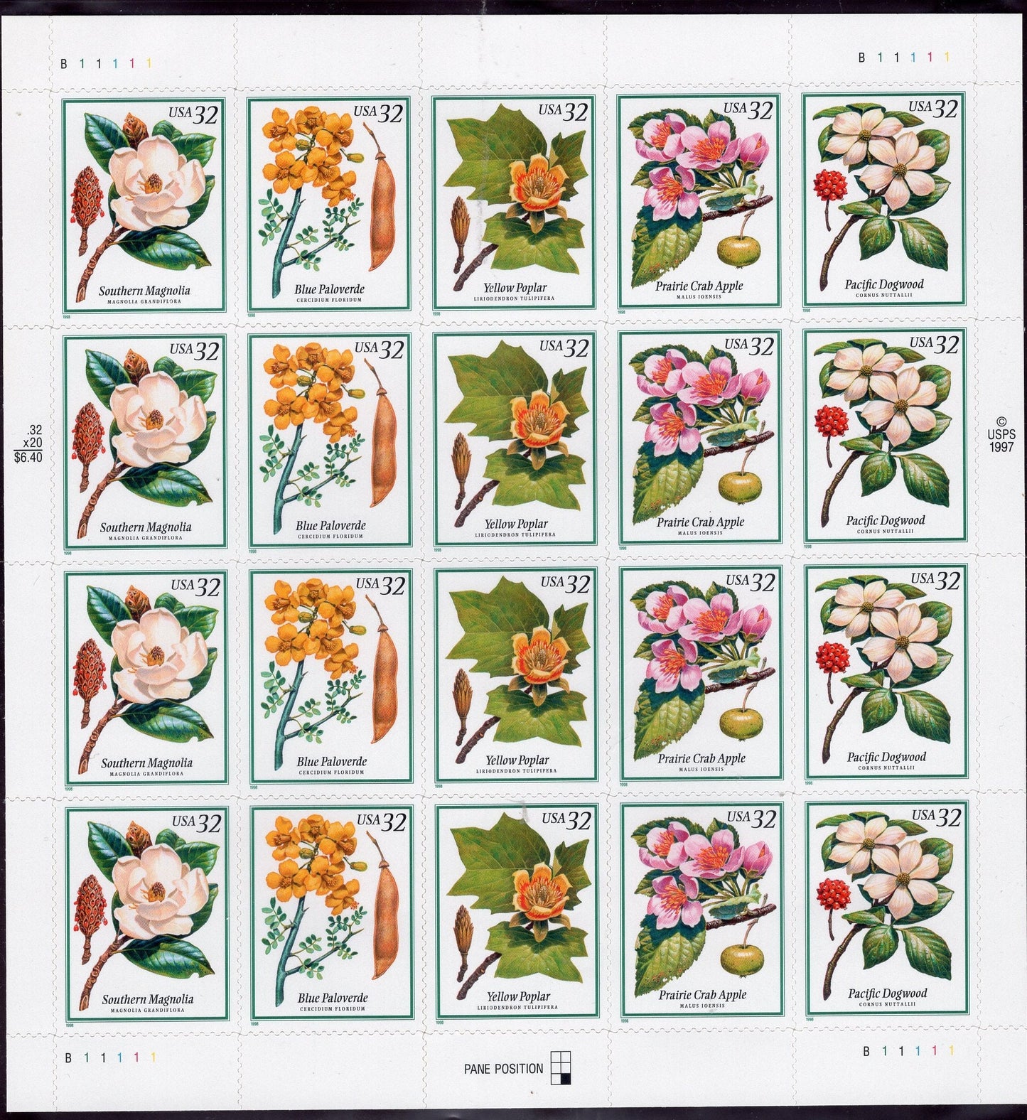 FLOWERING TREES Strips or Sheets Weddings Magnolia Dogwood Apple Poplar 32c Self-adhesive Bright Fresh - Vintage 1998 - S# 3193-FreeUSA Ship