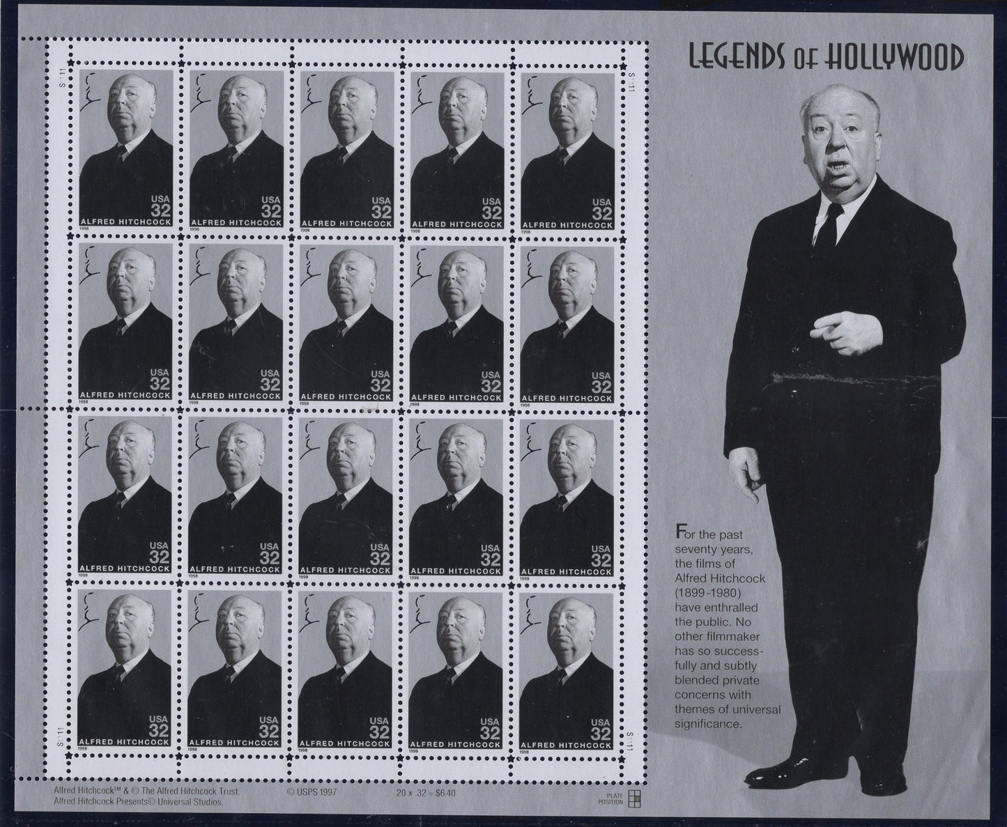 ALFRED HITCHCOCK Cinema Legend of HOLLYWOOD Decorative Sheet of 20 32c Stamps - Bright Fresh - Vintage 1998 - Stock# 3226 S