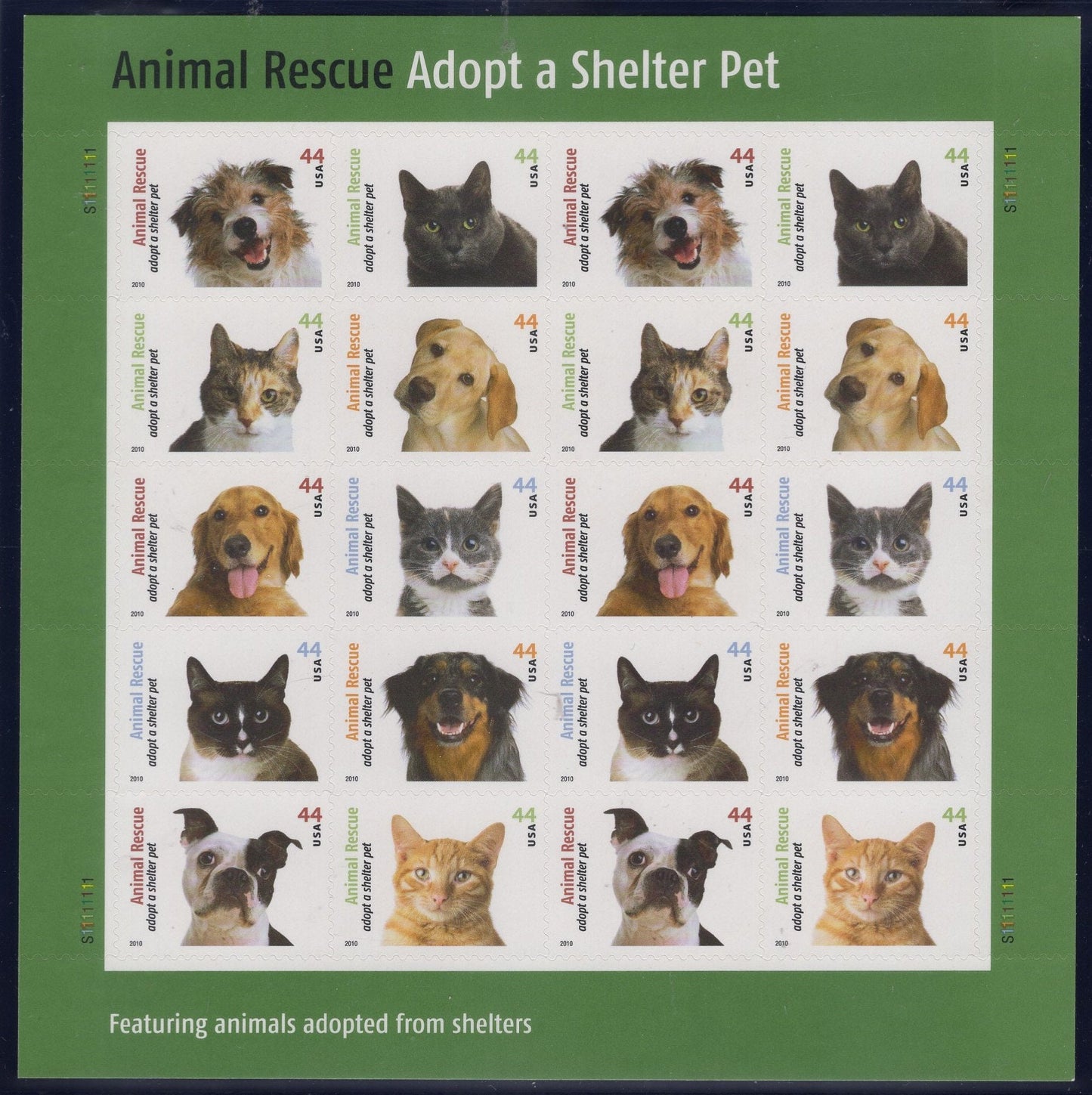 ANIMAL PET RESCUE Cats Dogs Adopt Adoption Decorative Sheet of 20 44c Stamps - Vintage 2010 - Stock# 4451 B