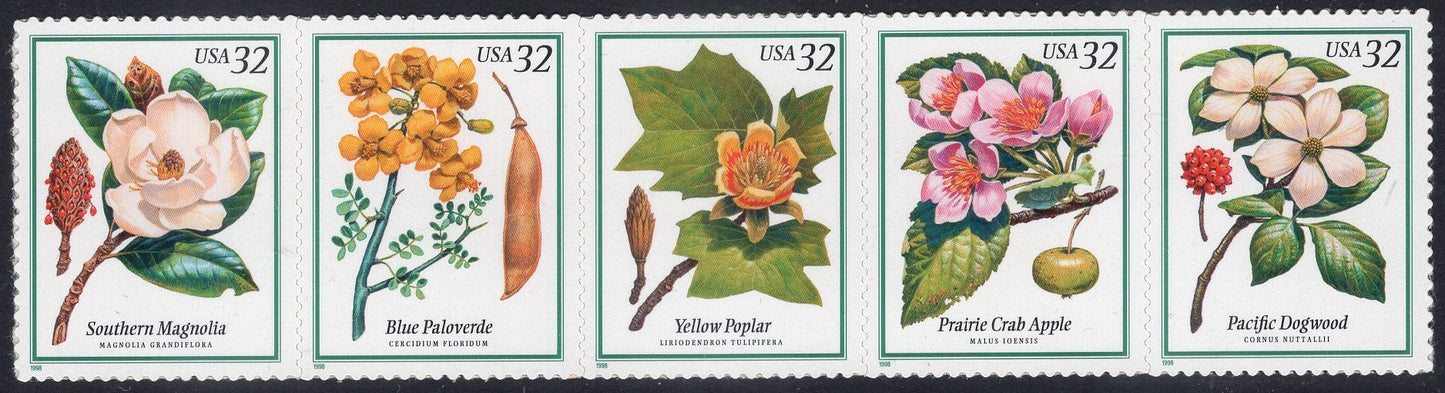 20 FLOWERING TREES inc MAGNOLIA Apple Dogwood Stamps (4 Strips of 5) 32c Self-adhesive for Weddings Invites - Vintage 1998