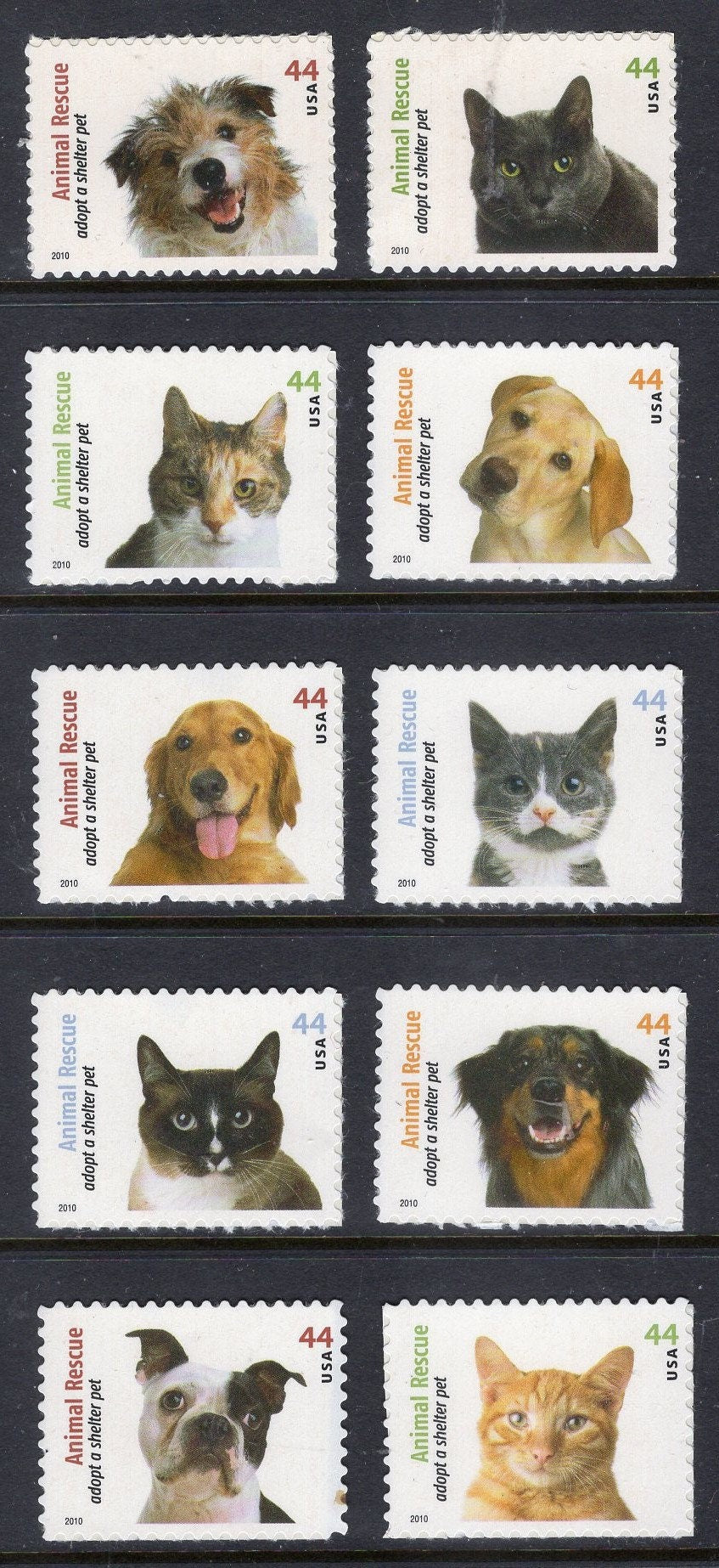 ANIMAL PET RESCUE Cats Dogs Adopt Adoption Decorative Sheet of 20 44c Stamps - Vintage 2010 - Stock# 4451 B