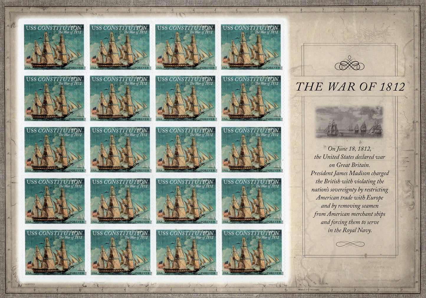 USS CONSTITUTION SHIP War of 1812 Decorative Sheet of 20 Stamps Painting Bright Fresh- Vintage 2012 Stock# 4703 S