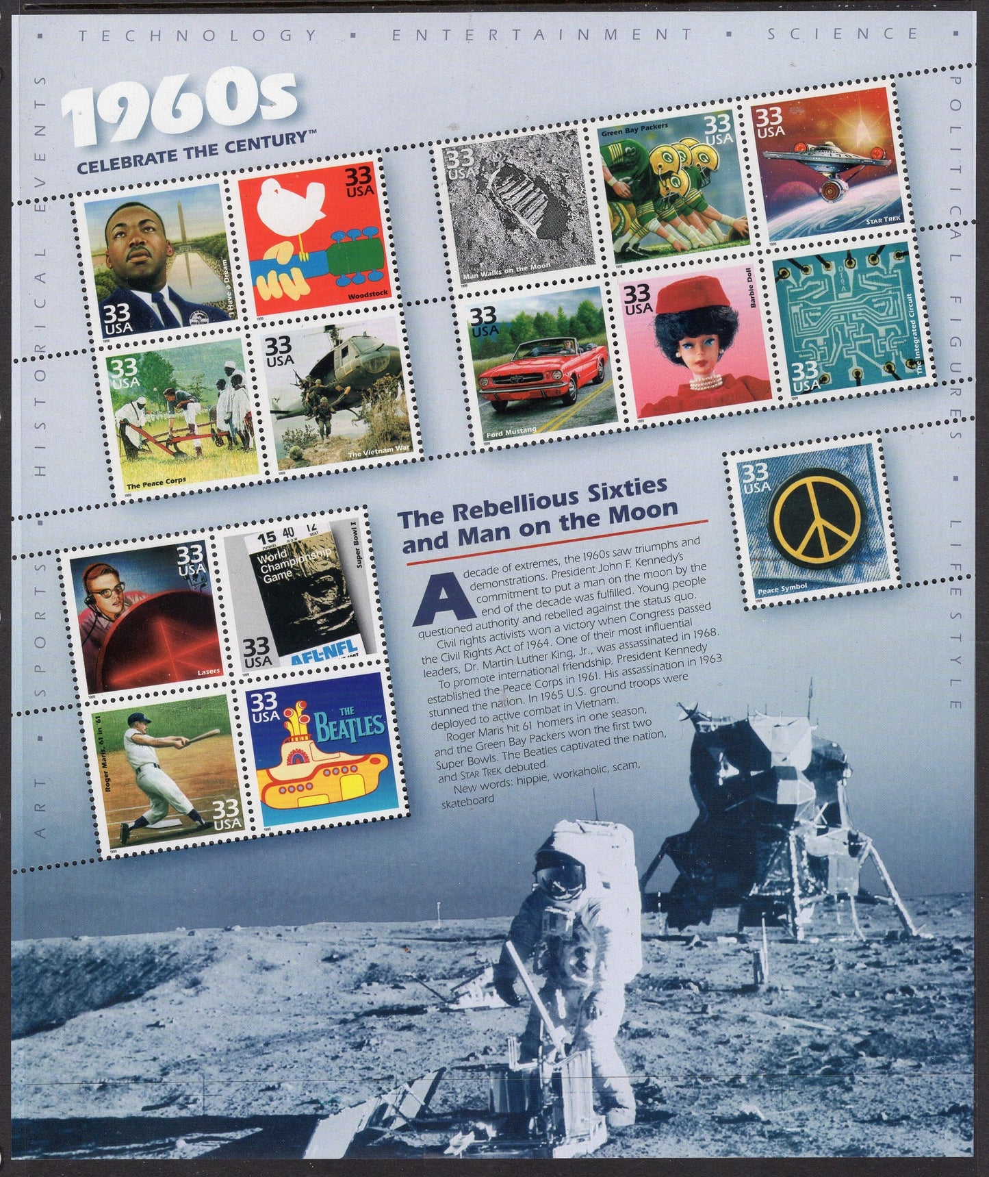CELEBRATE the CENTURY 10 Lovely SHEETS Showing 150 Important Events Scenes 20th Century - Vintage 1998-2000 Stock# 3182-91
