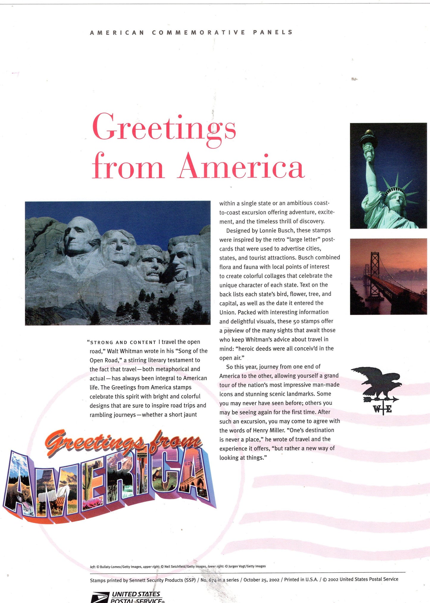 GREETINGS FROM AMERICA RUSHMORe Two Commemorative Panels w/ Sheet of 50 Stamps Illustrated w/Descriptive Text Great Gift 8.5x11-FreUSA Ship