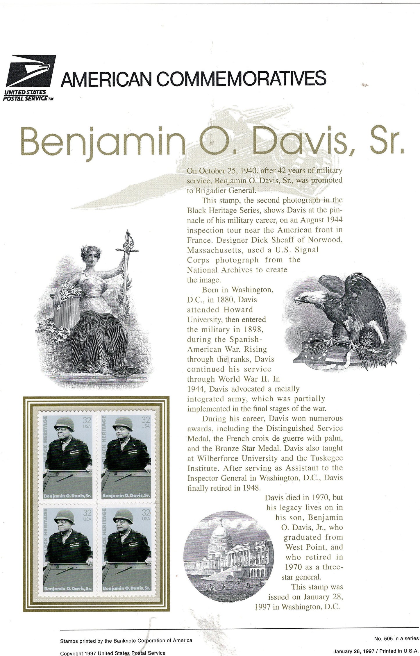 Gen. BENJAMIN DAVIS BLACK Heritage Commemorative Panel w/Block of 4 Stamps Illustrations Text Great Gift 8.5x11-Year 1997 #505