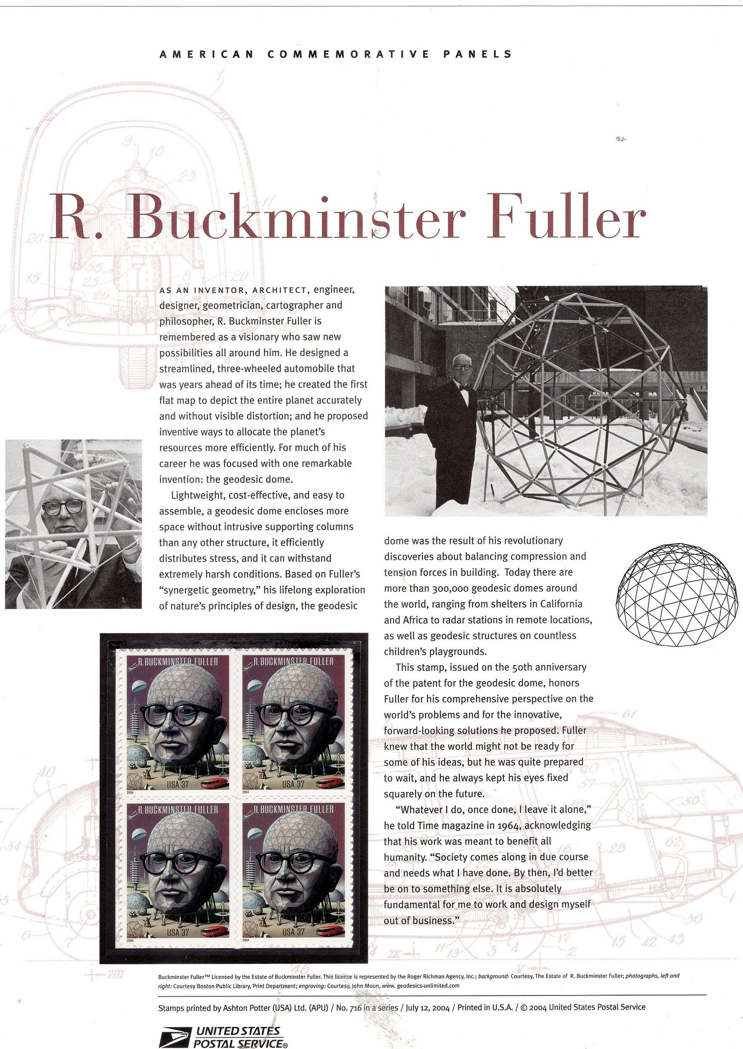 BUCKMINSTER FULLER Inventor Designer Commemorative Panel with Block of 4 Stamps Illustrations Text Great Gift 8.5x11-2004-FreeUSA Ship