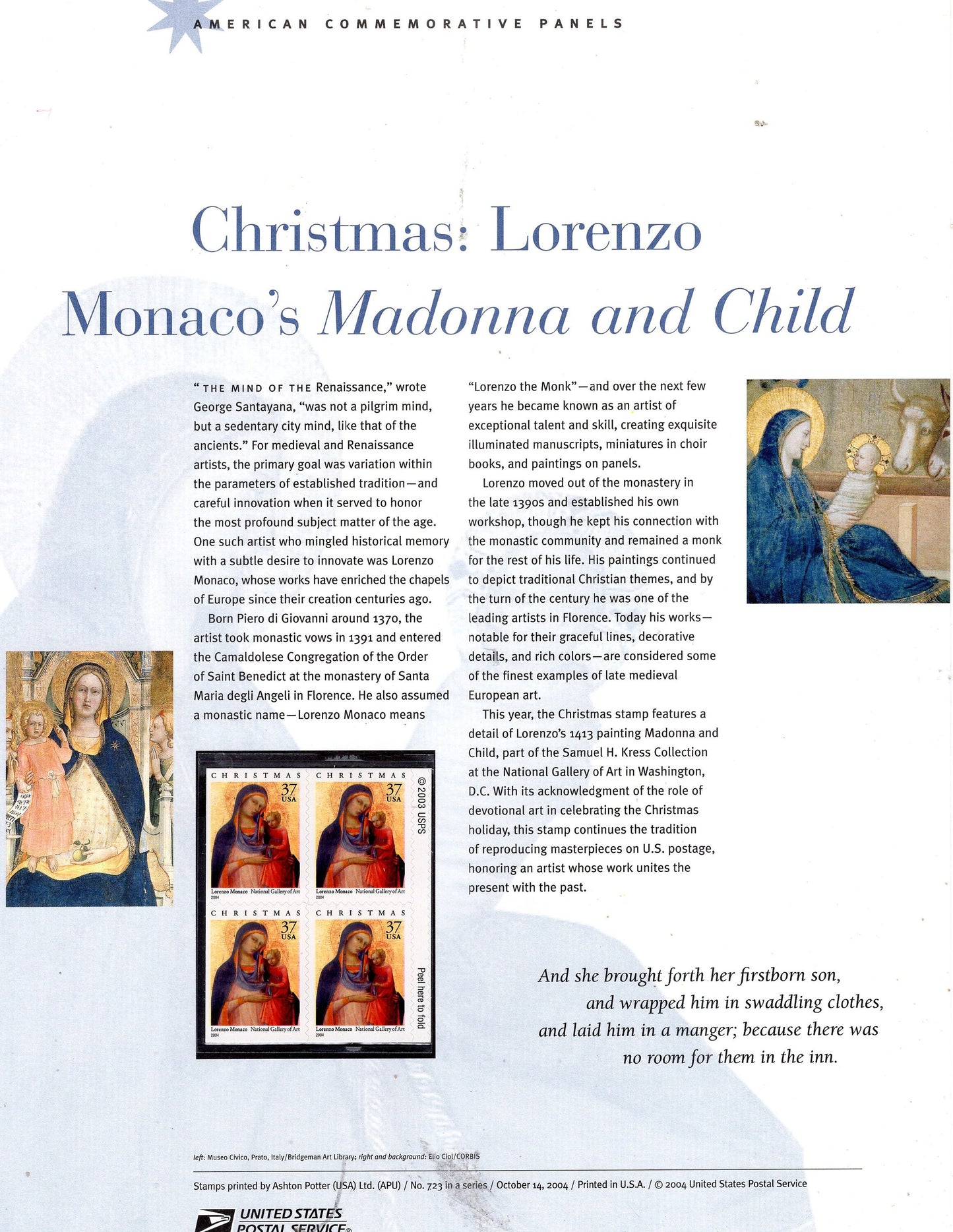 MADONNA CHILD CHRISTMAS Lorenzo Monaco Commemorative Panel with Block of 4 Stamps Illustrations Text Great Gift 8.5x11 -2004
