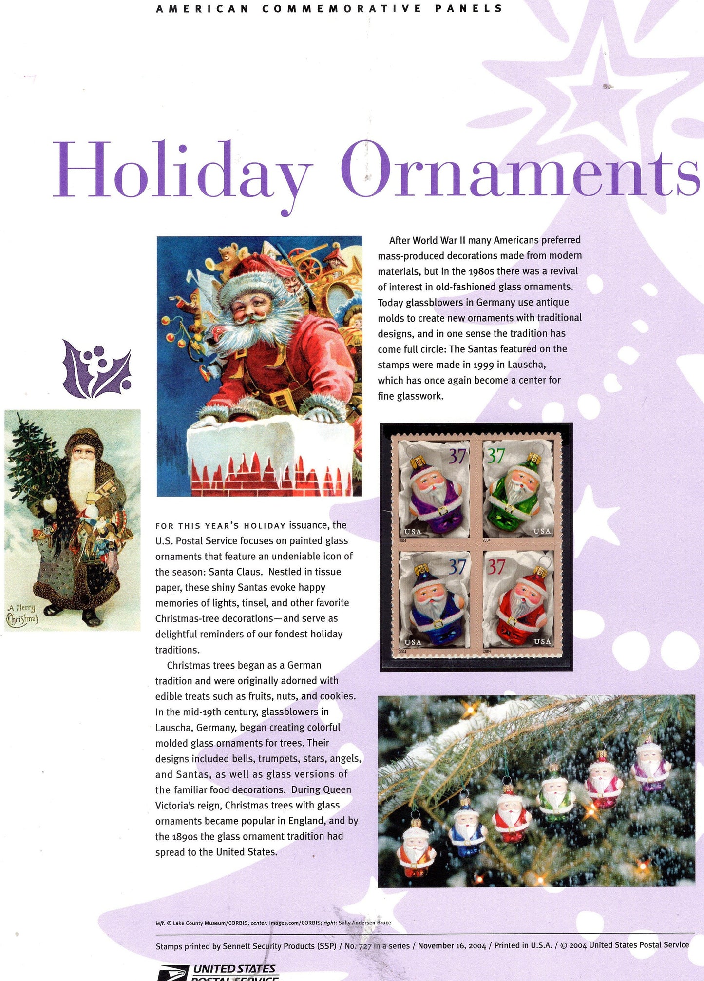 CHRISTMAS SANTA ORNAMENTS Painted Glass Commemorative Panel with Block of 4 Stamps Illustrations Text Great Gift 8.5x11- 2004