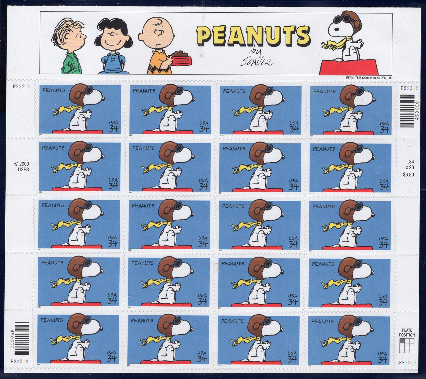SNOOPY PEANUTS Decorative Sheet of 20 Stamps Lucy Linus Charlie Brown Bright Fresh- Vintage 2001 Stock# 3507