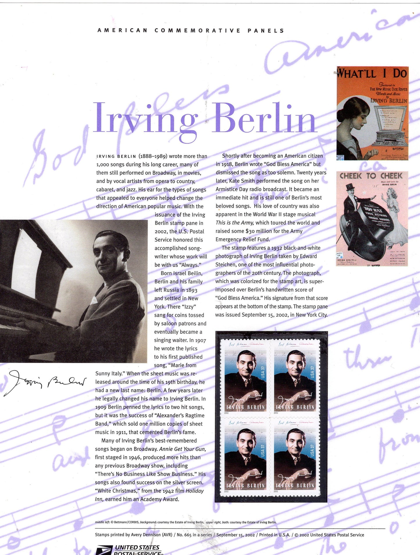COMPOSER IRVING BERLIN Commemorative Panel w/ Block of 4 Stamps Illustrations Text Great Gift 8.5x11 Vintage 2002 Stk# 665