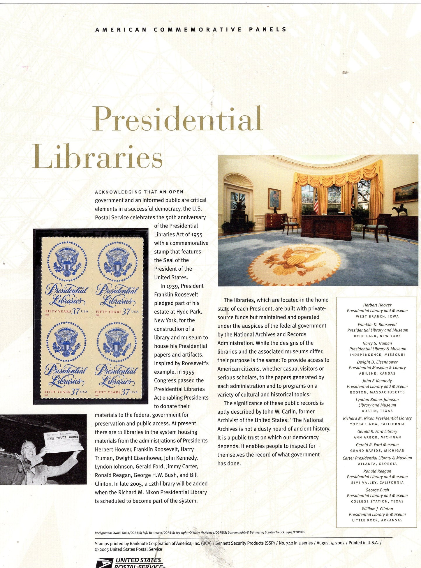 PRESIDENTIAL LIBRARY LIBRARIES Commemorative Panel w/ Block of 4 Stamps Illustrations Text Great Gift 8.5x11 #742 zi