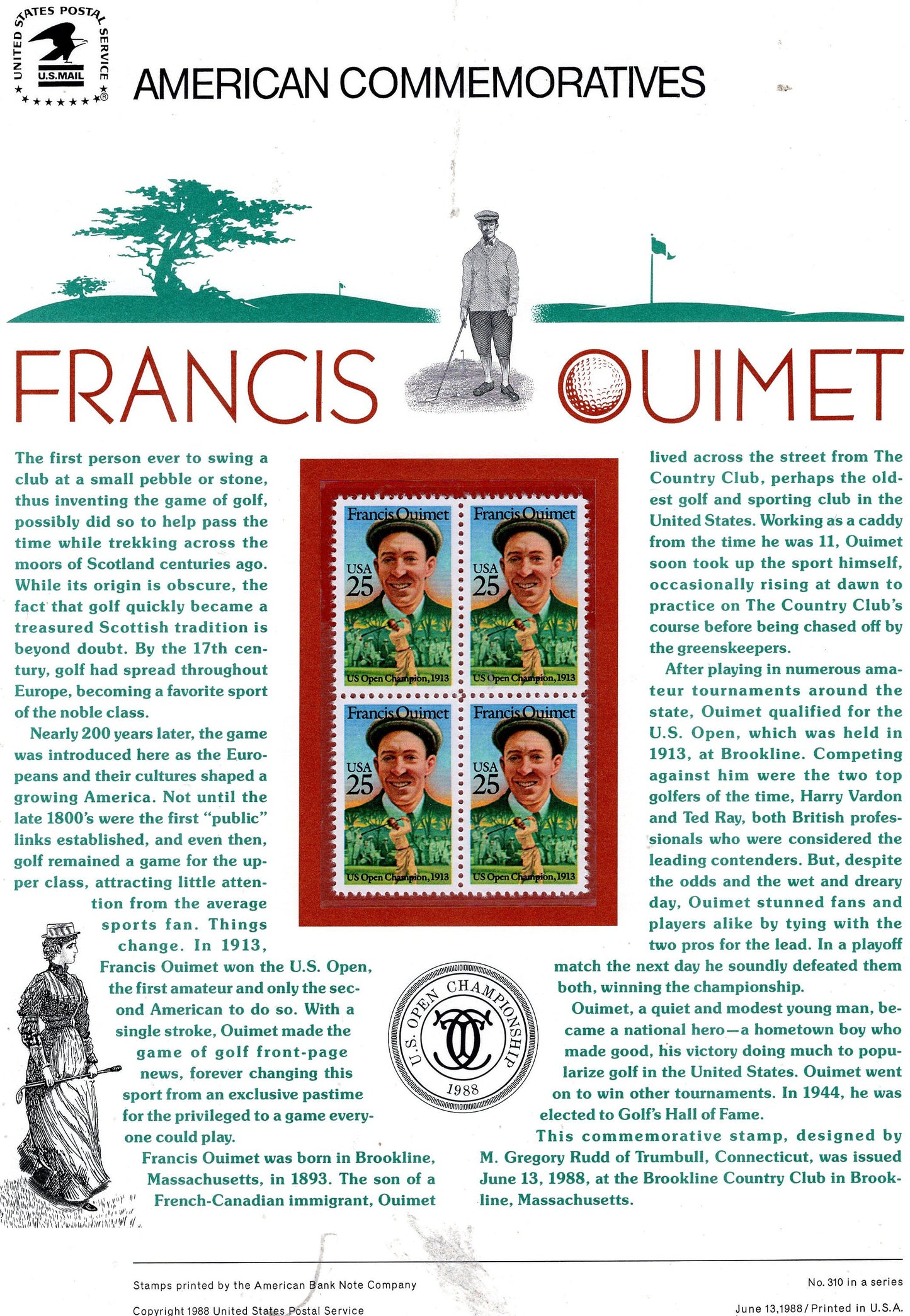 FRANCIS OUIMET GOLF Open Champion Commemorative Panel w/Block of 4 Stamps Illustrations Text Great Gift 8.5x11 -Year 1988 #310