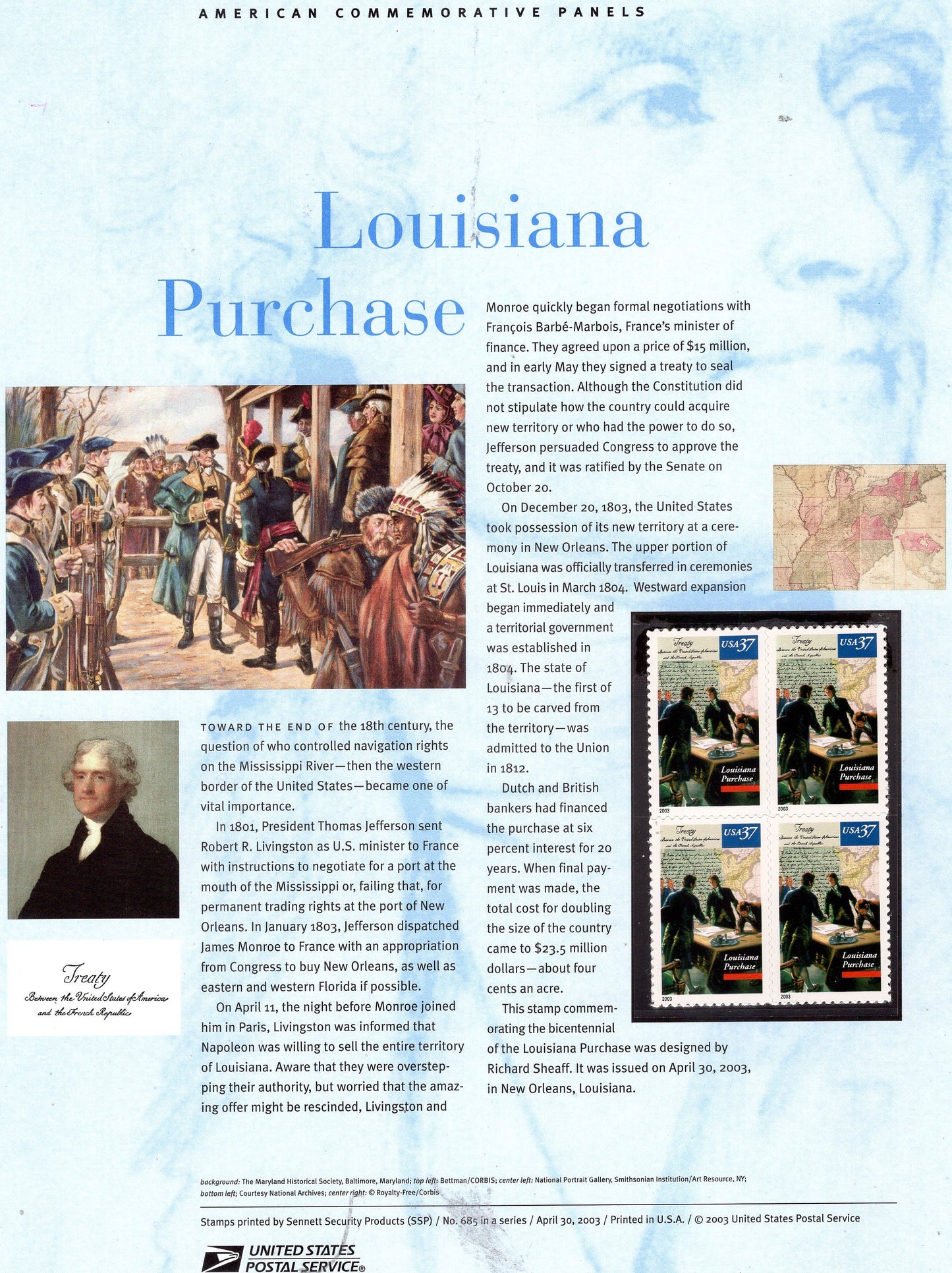 LOUISIANA PURCHASE MAP Commemorative Panel w/ Block of 4 Stamps Illustrations Text Great Gift 8.5x11 Vintage 2003 -Stock #685