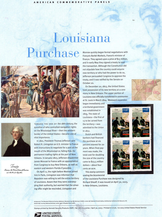 LOUISIANA PURCHASE MAP Commemorative Panel w/ Block of 4 Stamps Illustrations Text Great Gift 8.5x11 Vintage 2003 -Stock #685