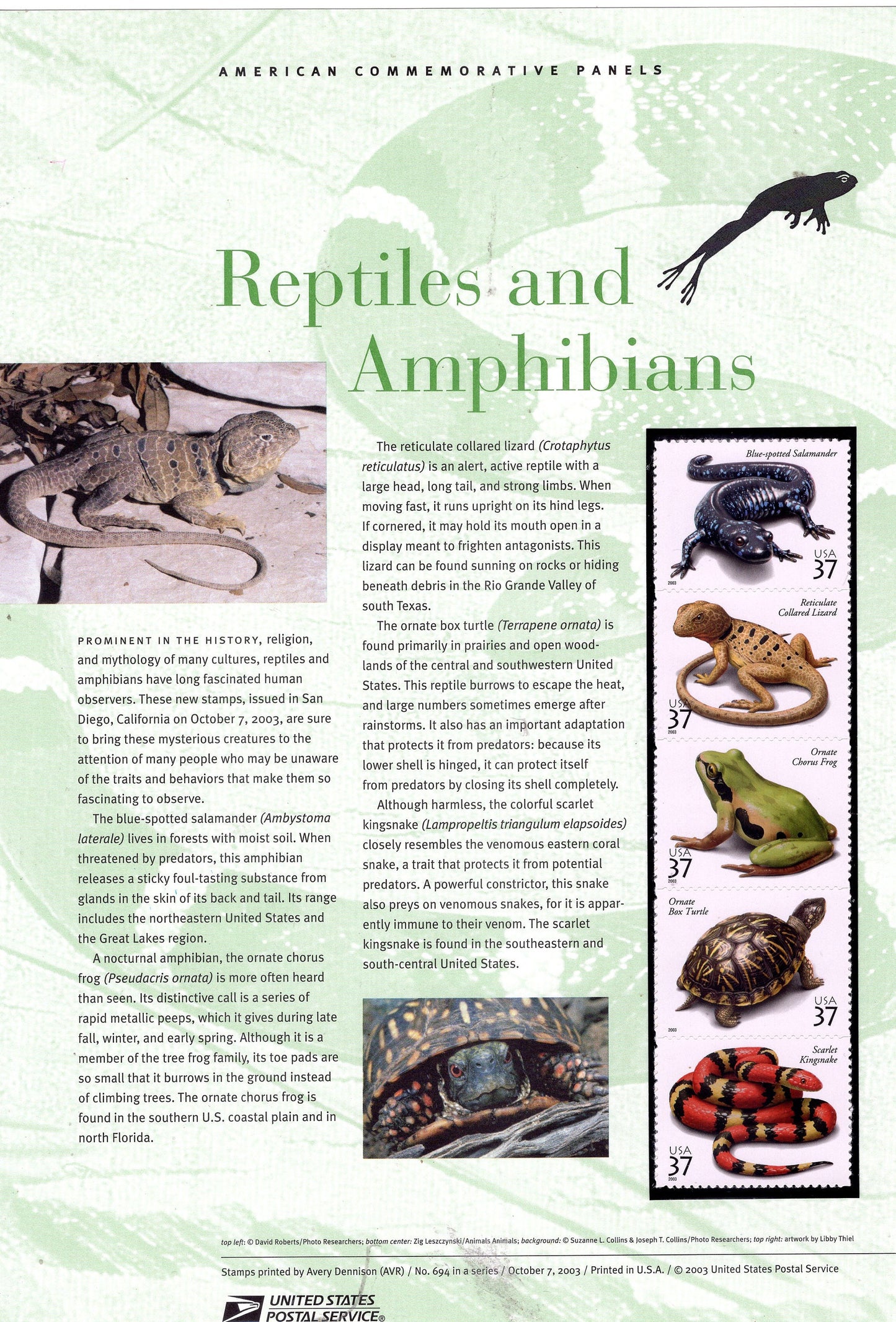 REPTILES AMPHIBIANS TURTLE Commemorative Panel w/ Block of 4 Stamps Illustrations Descriptive Text Great Gift 8.5x11 694 Yr 2003- FreShipUSA