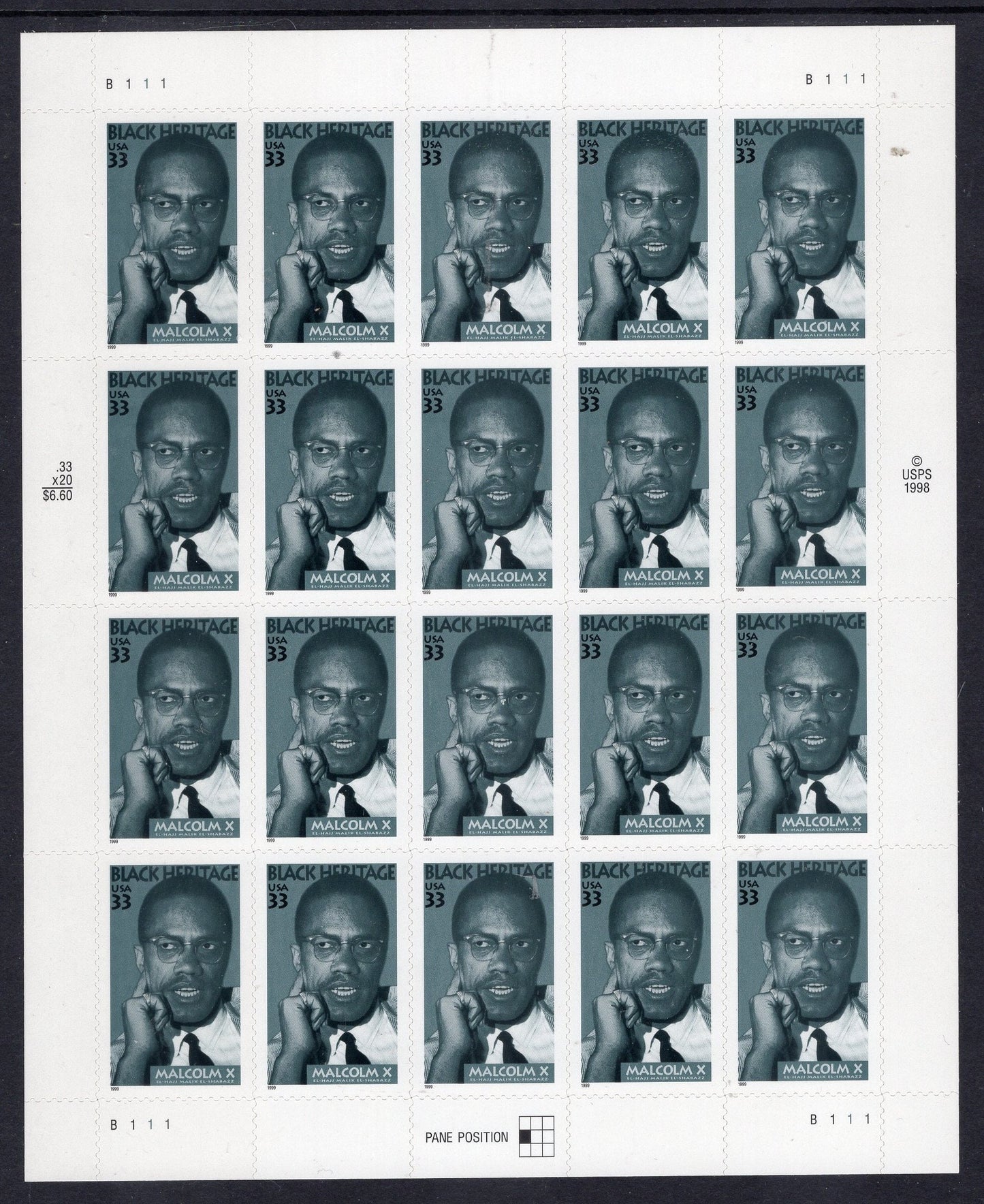 MALCOLM X CIVIL Rights Activist Black Heritage Muslim Minister Sheet of 20 Fresh Mint Stamps - Vintage 1999 Stock# 3273