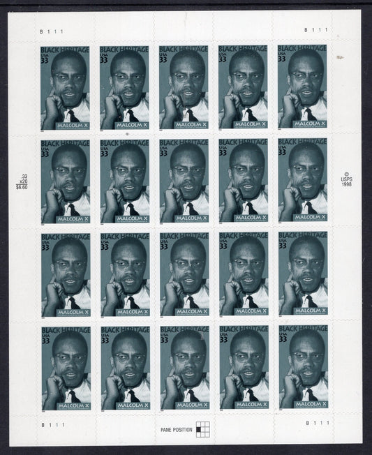 MALCOLM X CIVIL Rights Activist Black Heritage Muslim Minister Sheet of 20 Fresh Mint Stamps - Vintage 1999 Stock# 3273