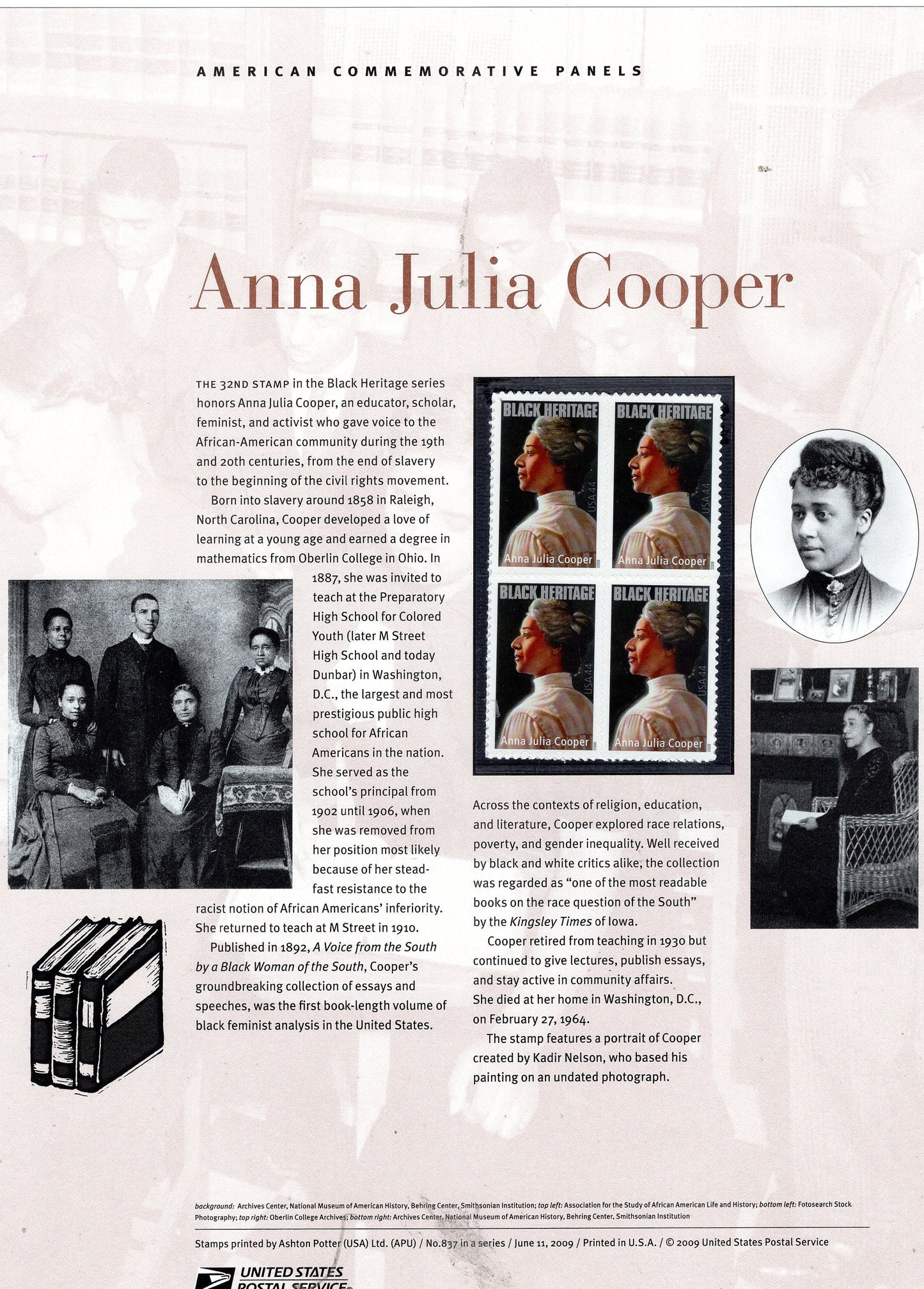 ANNA JULIA COOPER Black Heritage Educator Feminist Commemorative Panel w/ Block 4 Stamps Illustrations Text Great Gift 8.5x11-FreeUSA Ship