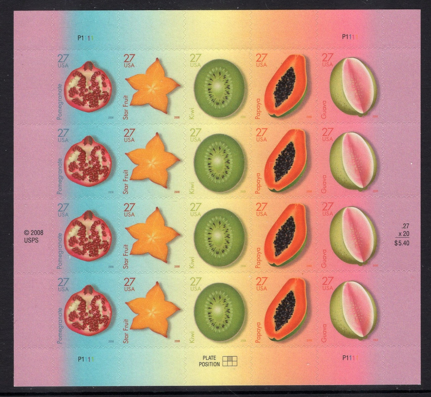TROPICAL FRUITS inc KIWI Guava Papaya Star Pomegranate Sheet of 20 Unused USa Postage Stamps - Stock# 4253 ping